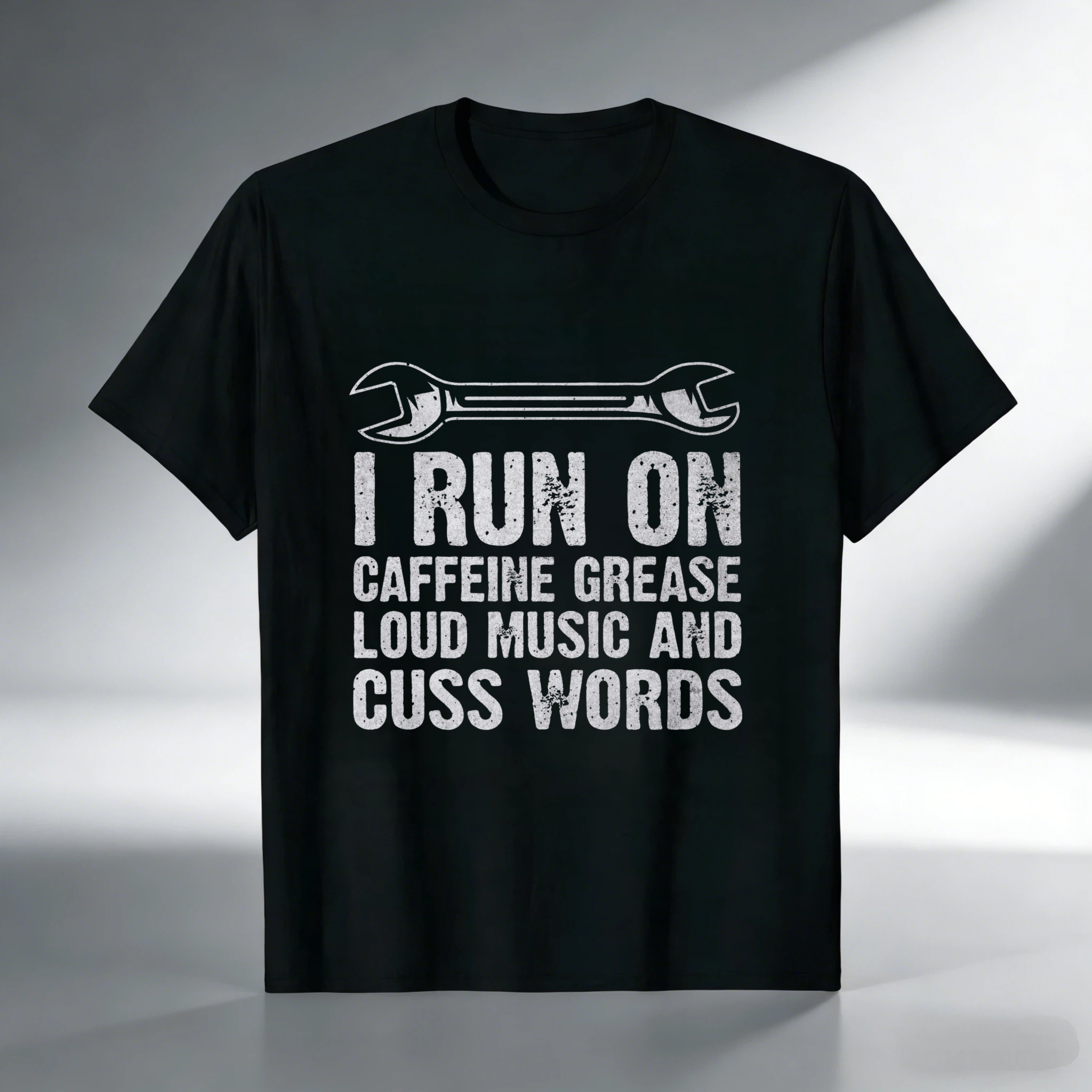 I Run On Caffeine Grease Loud Music And Cuss Words Mechanic T-Shirt With Wrench Graphic
