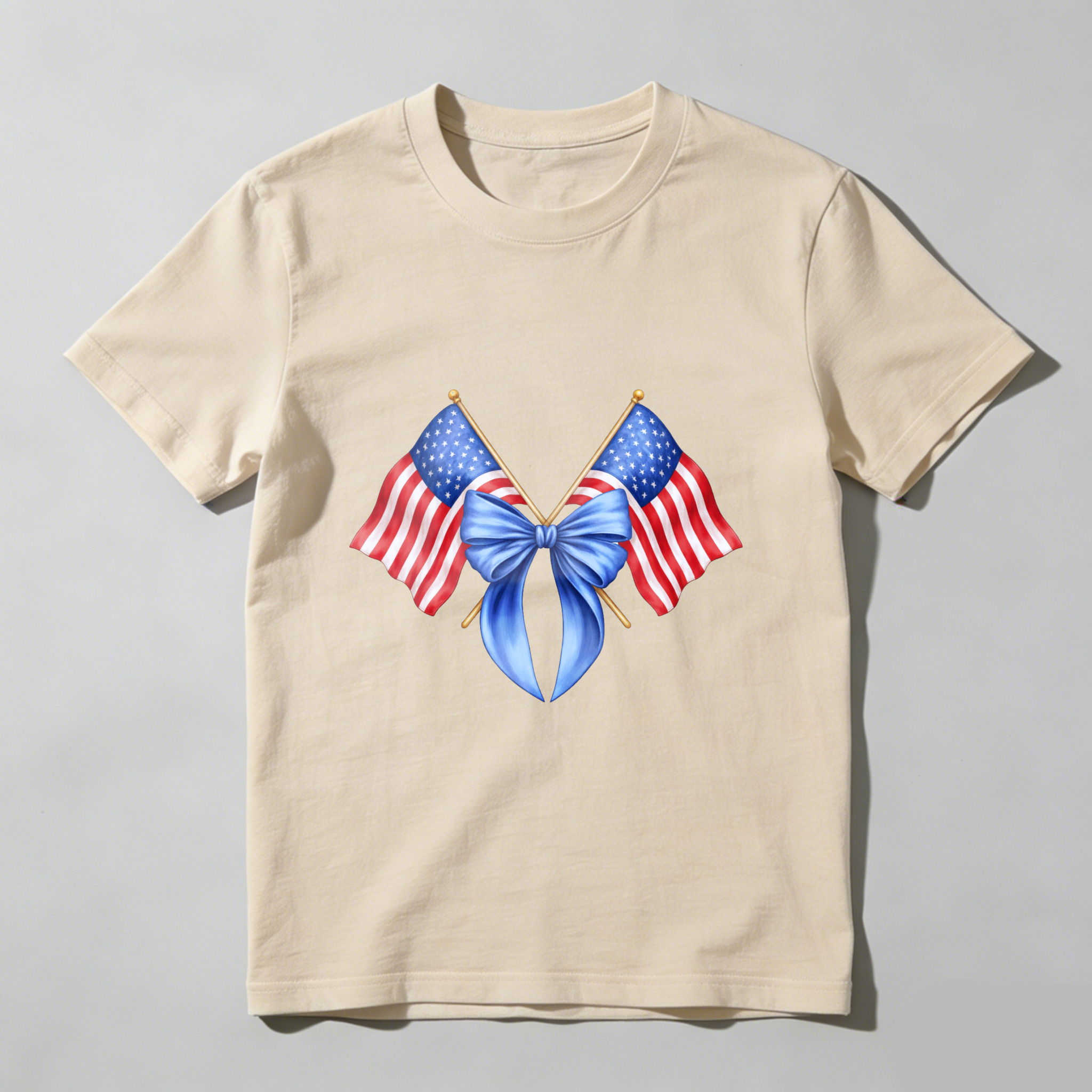 TEECURENT American Flag Crossed With Blue Bow Patriotic T Shirt WOMEN