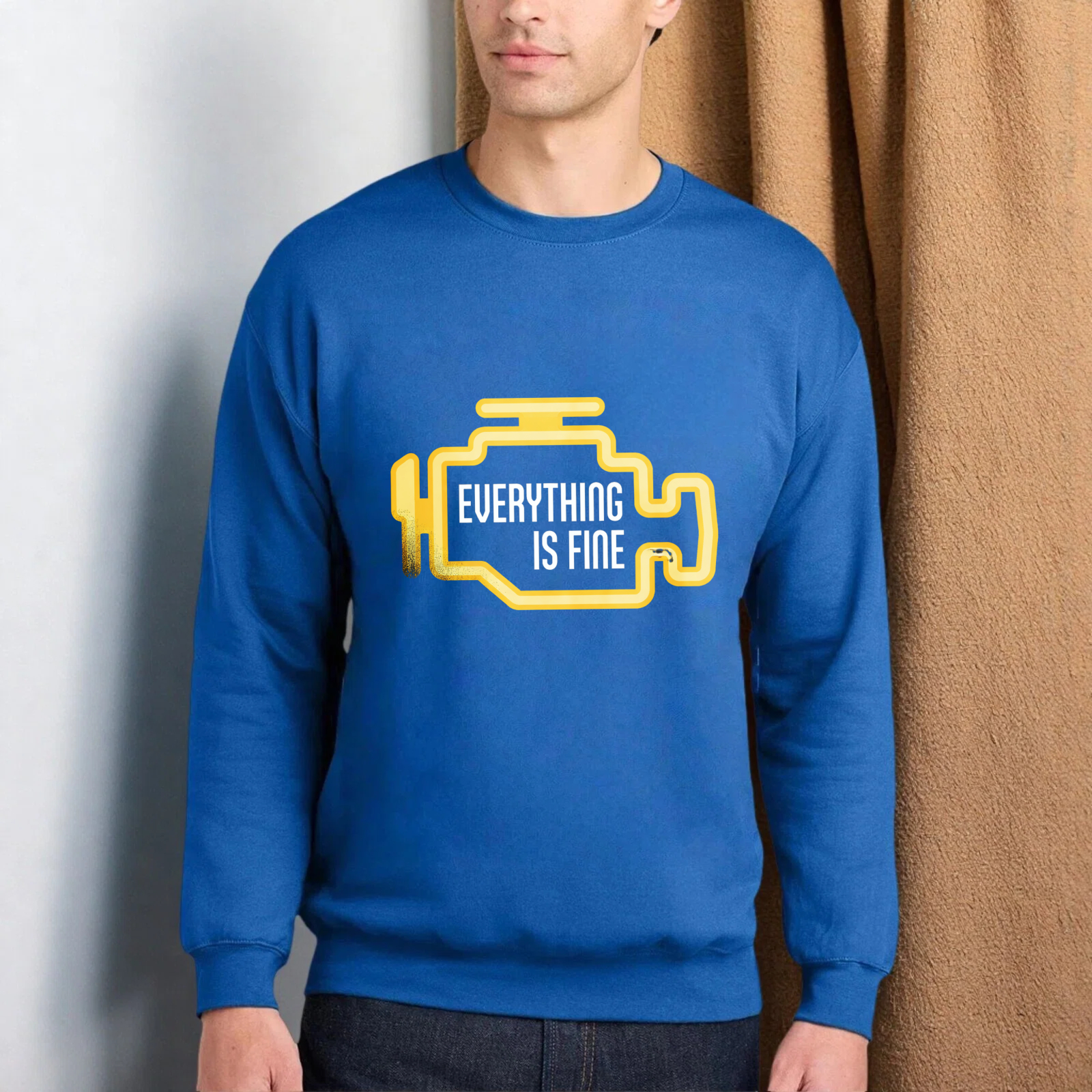 TEECURENT Everything Is Fine Sweatshirt Black With Yellow Graphic Design Casual Crewneck Pullover For Men Women Unisex Fashion Statement Top