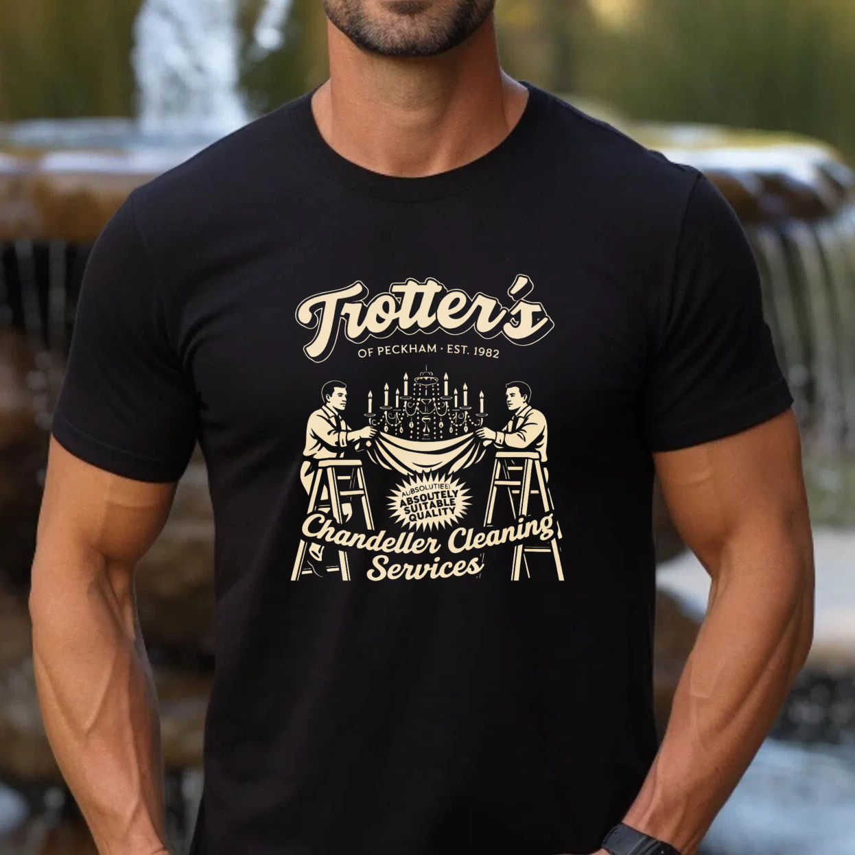 TEECURENTTrotters Of Peckham Chandelier Cleaning Services T Shirt Men Women Black Casual Graphic Tee Est 1982-TeeCurent