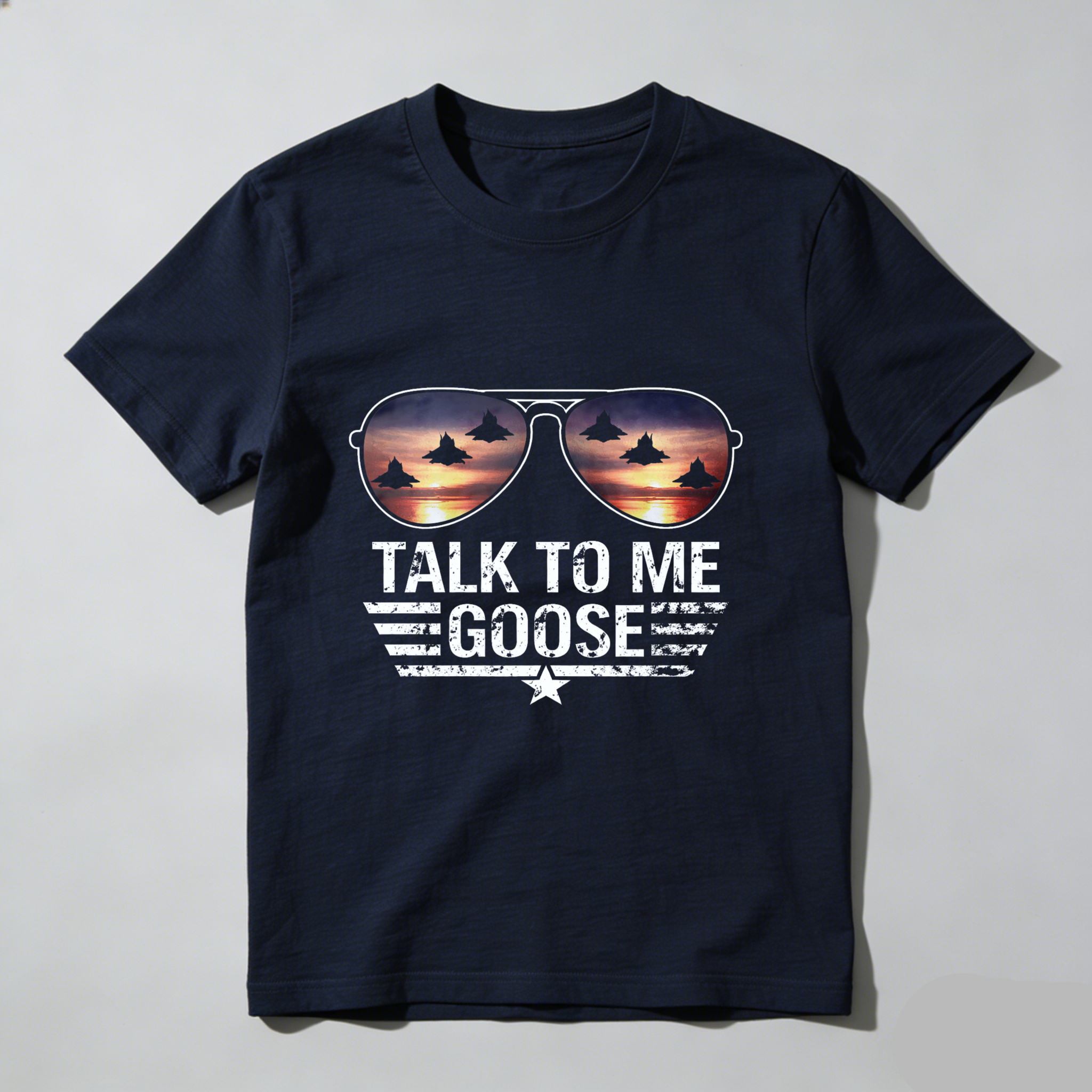 TEECURENT Talk To Me Goose Aviator Sunglasses T-Shirt Top With Jet Fighters Sunset Design For Men And Women