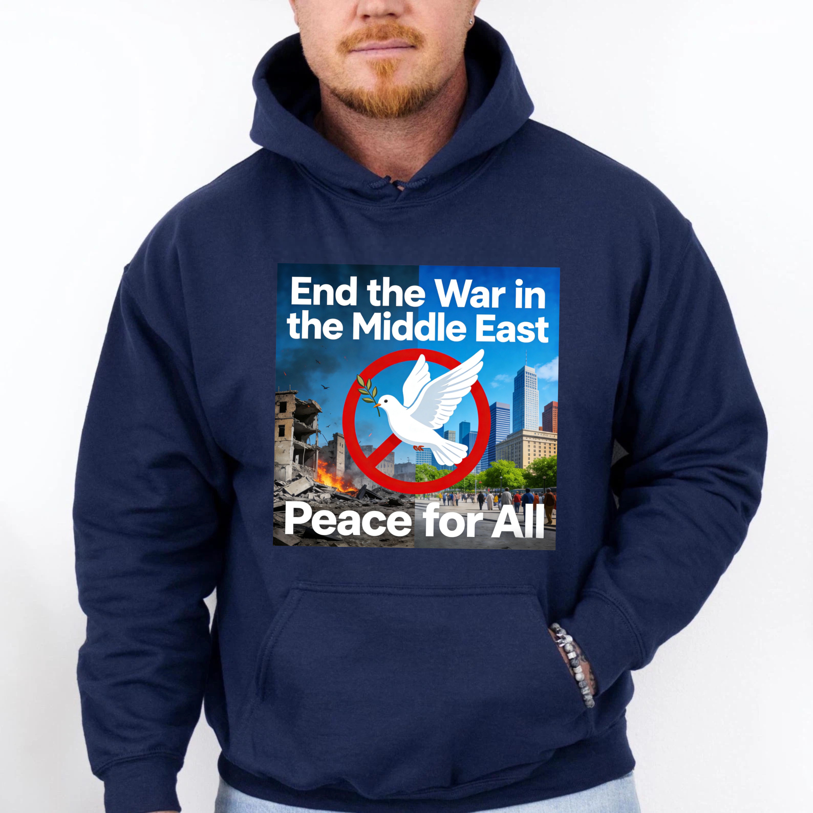 TEECURENT End The War In The Middle East Peace For All Hoodie With Dove And Cityscape Design