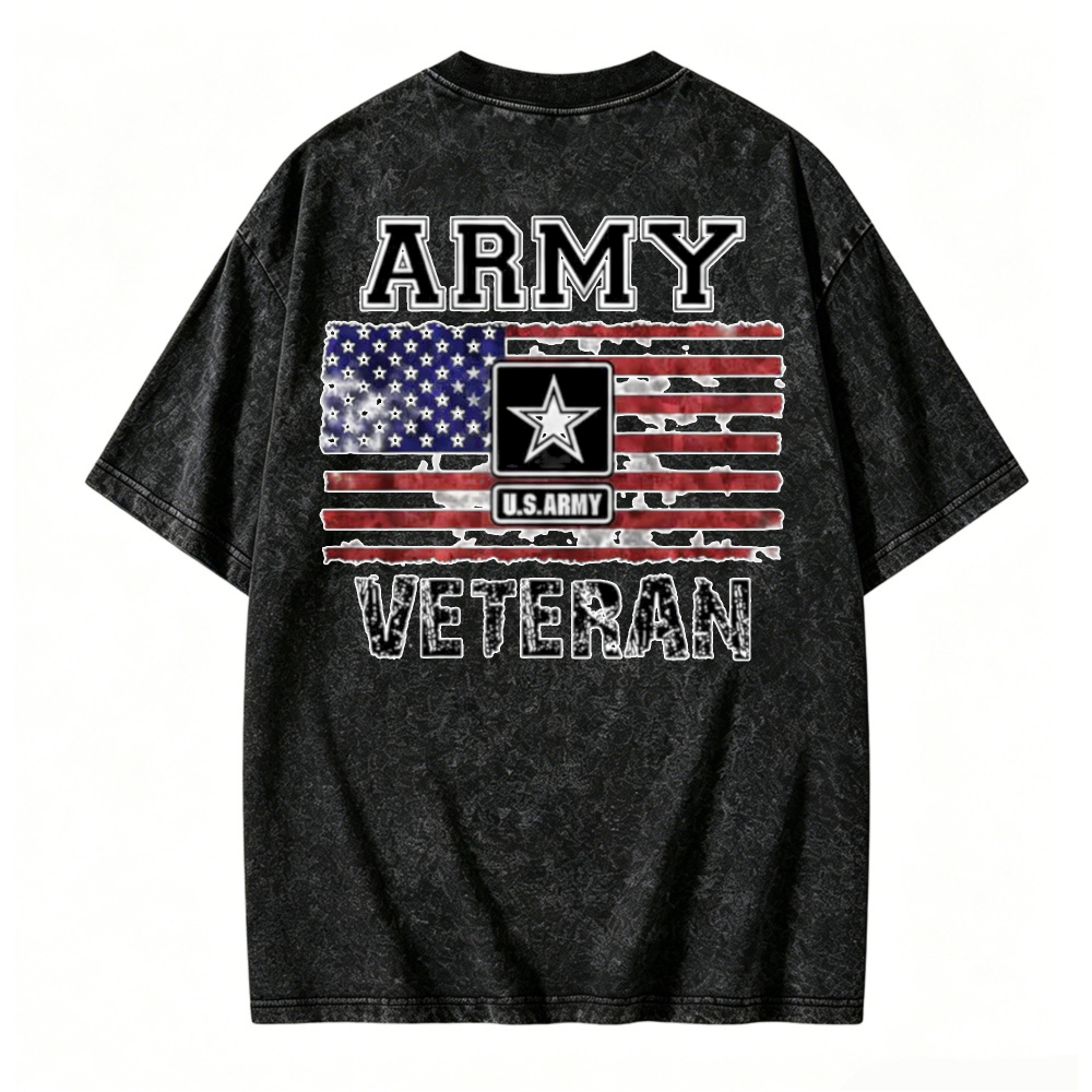 Army Veteran American Flag Star Graphic Washed T-shirt
