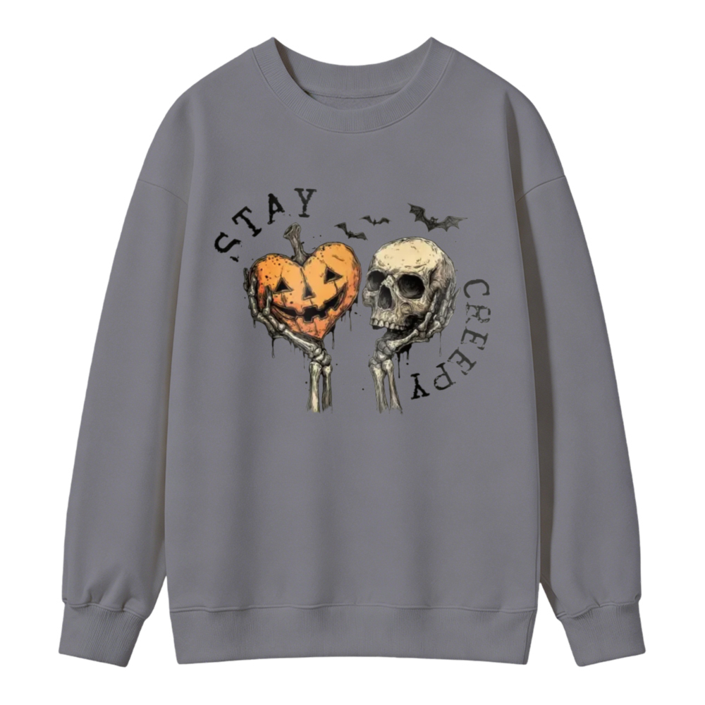 Halloween Pumpkin Skull Skeleton Hand Heart Stay Creepy Graphic Sweatshirt