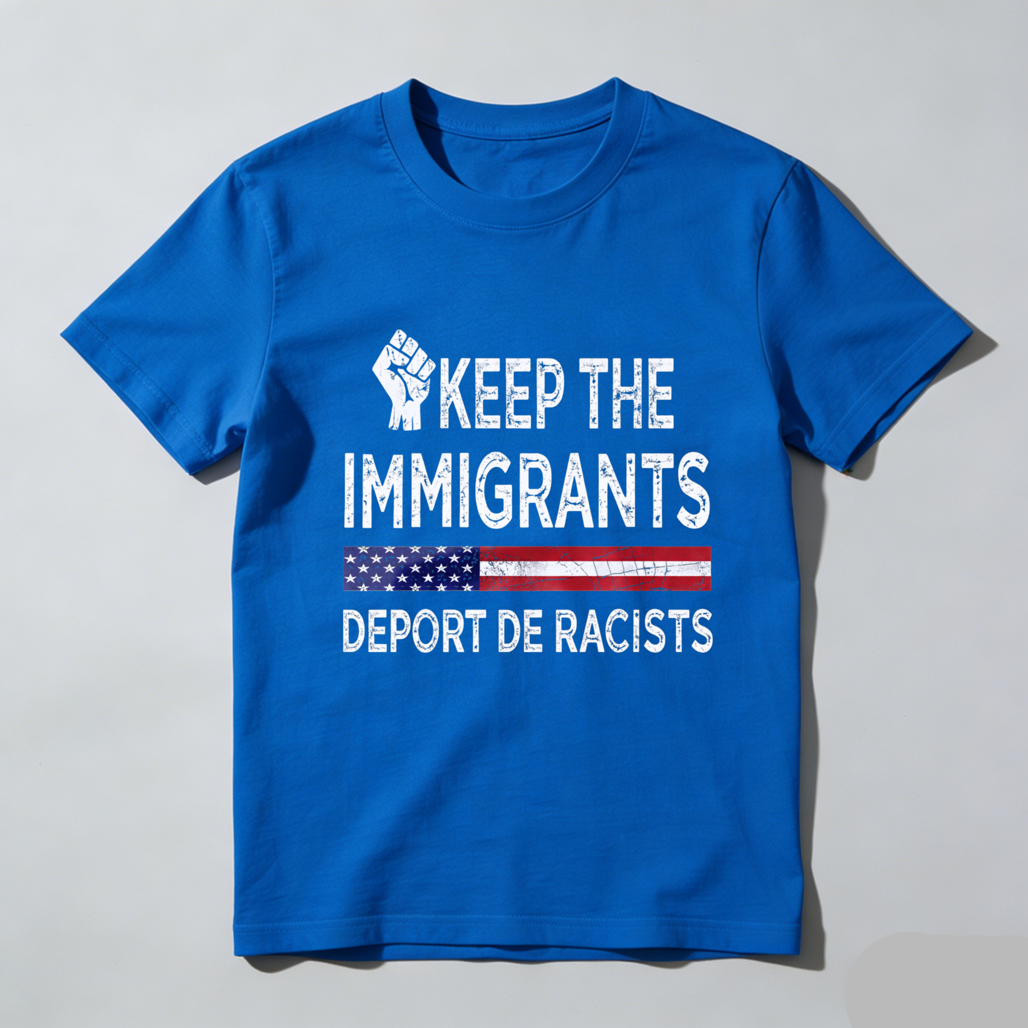 TEECURENTKeep The Immigrants Deport De Racists American Flag T Shirt With Fist Symbol For Social Justice And Equality-TeeCurent