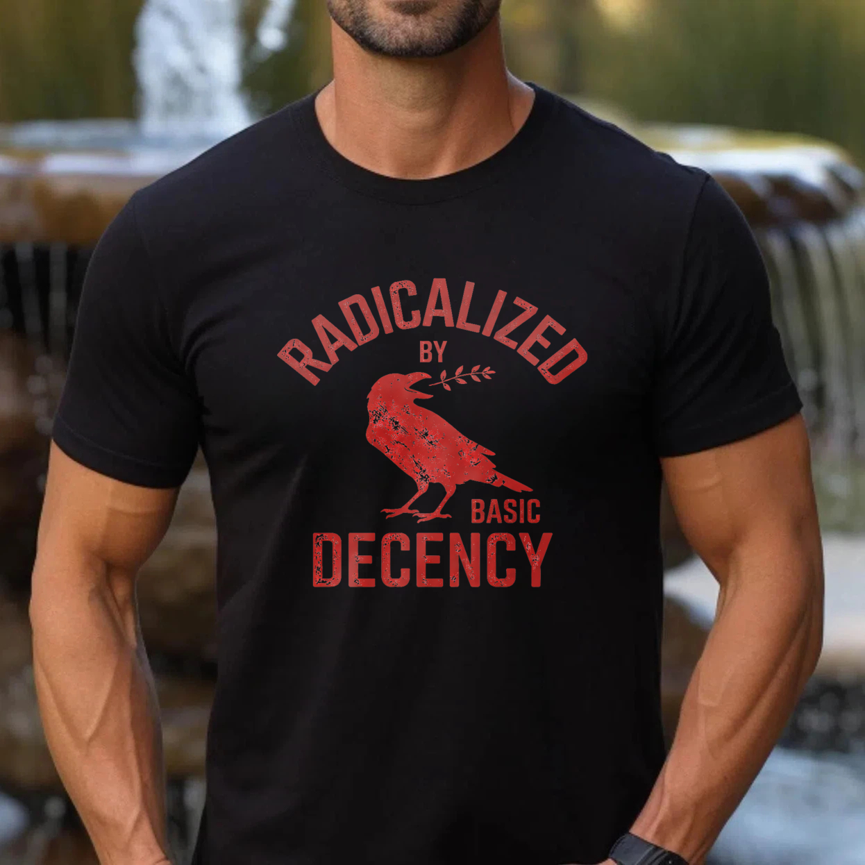 TEECURENTRadicalized By Basic Decency T Shirt With Crow Graphic Design Black Cotton Men Women Unisex Apparel-TeeCurent