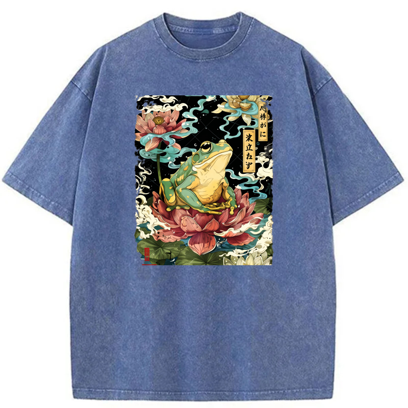 Frog On Lotus Flower With Japanese Text tshirt 100% cotton