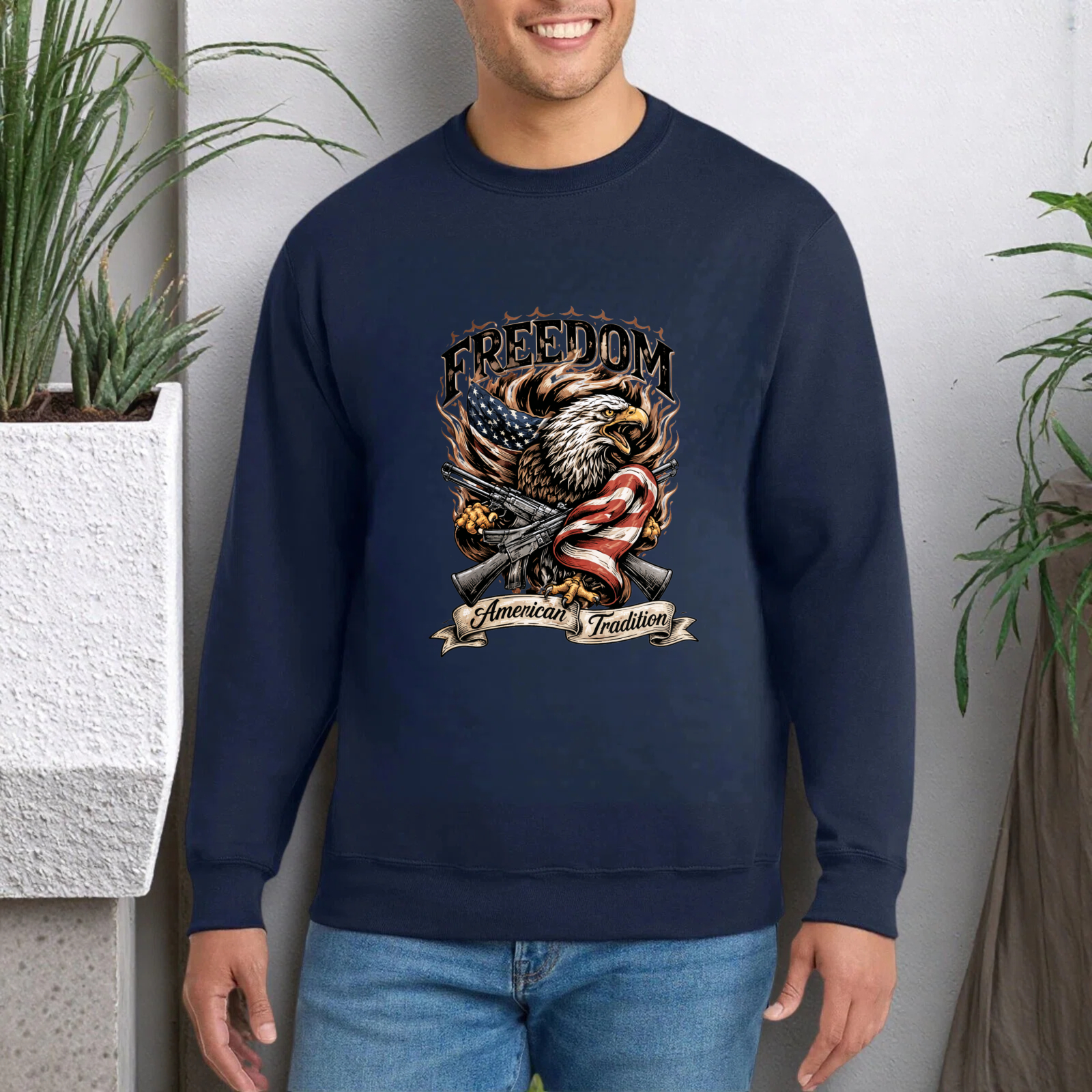 Freedom American Tradition Eagle Flag Sweatshirt Unisex Crewneck Pullover Long Sleeve Casual Top
