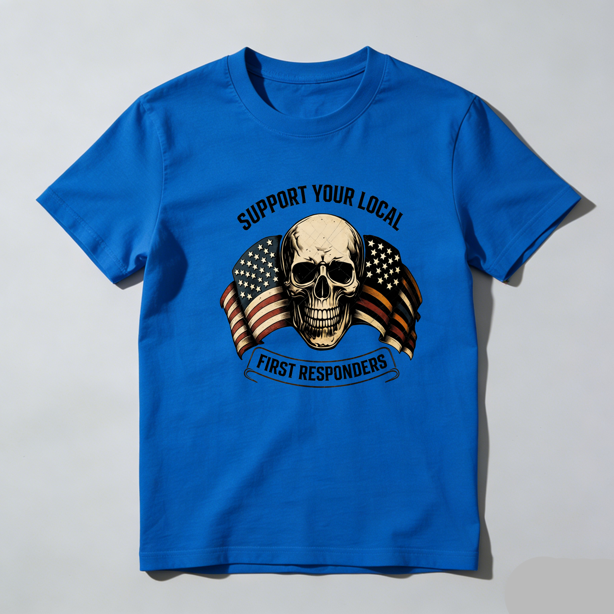 TEECURENT Support Local First Responders Skull Flag Pure Cotton Short Sleeve T Shirt-TeeCurent