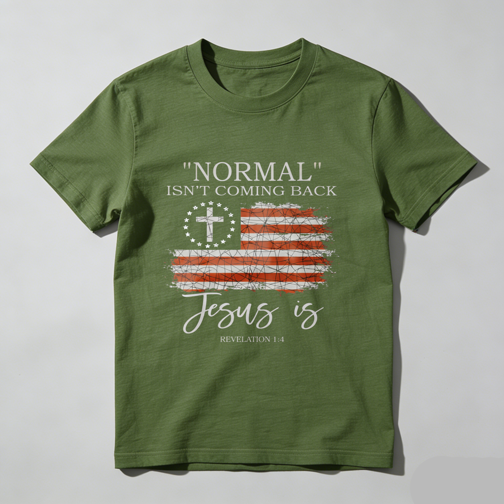 TEECURENT Normal Isnt Coming Back Jesus Is Revelation 14 American Flag Cross Christian T Shirt WOMEN