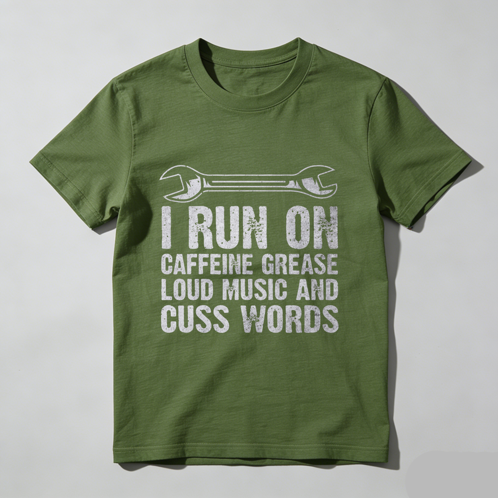 I Run On Caffeine Grease Loud Music And Cuss Words Mechanic T-Shirt With Wrench Graphic