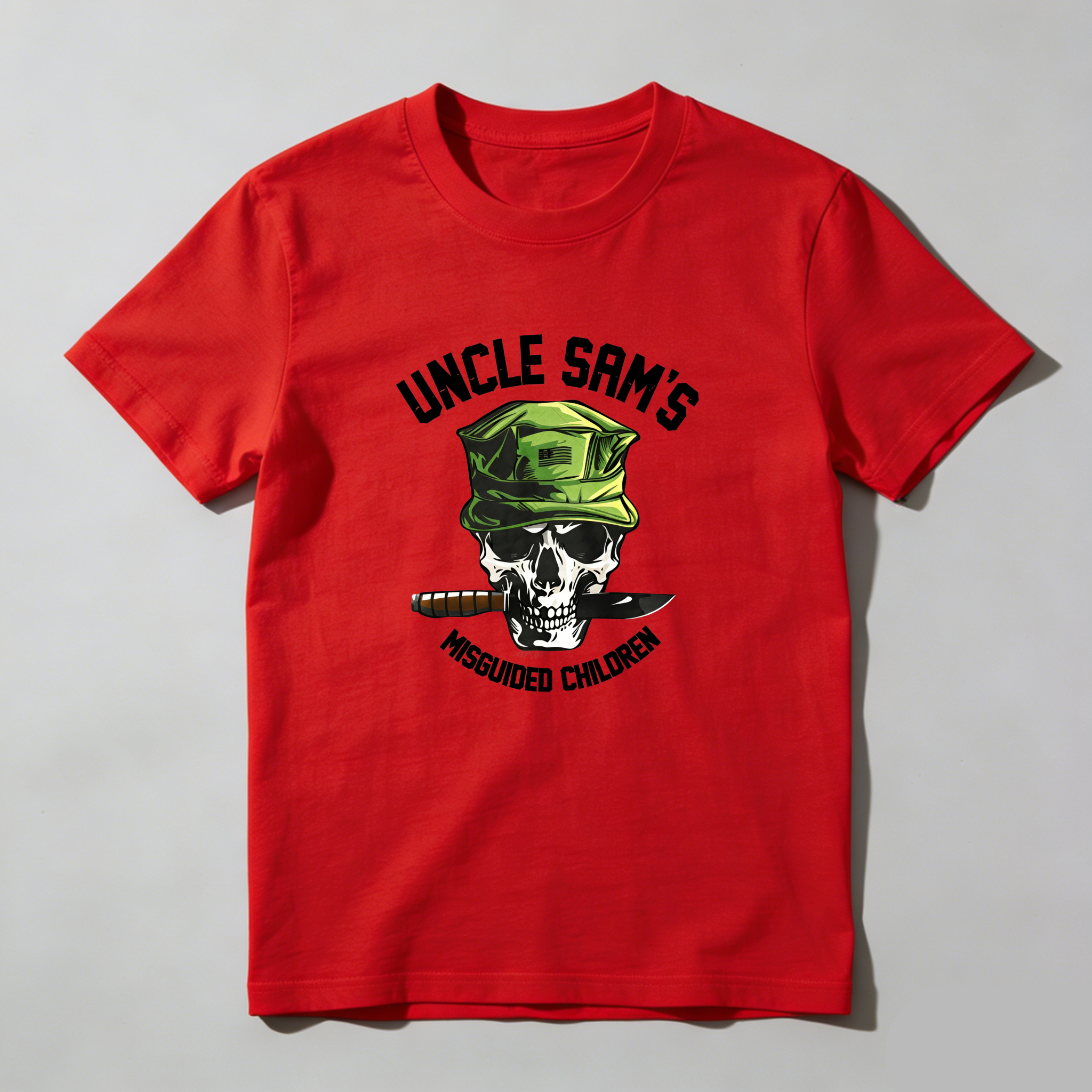 TEECURENT Uncle Sams Skull Hat Cigar Knife Misguided Children Pure Cotton Short Sleeve T Shirt-TeeCurent