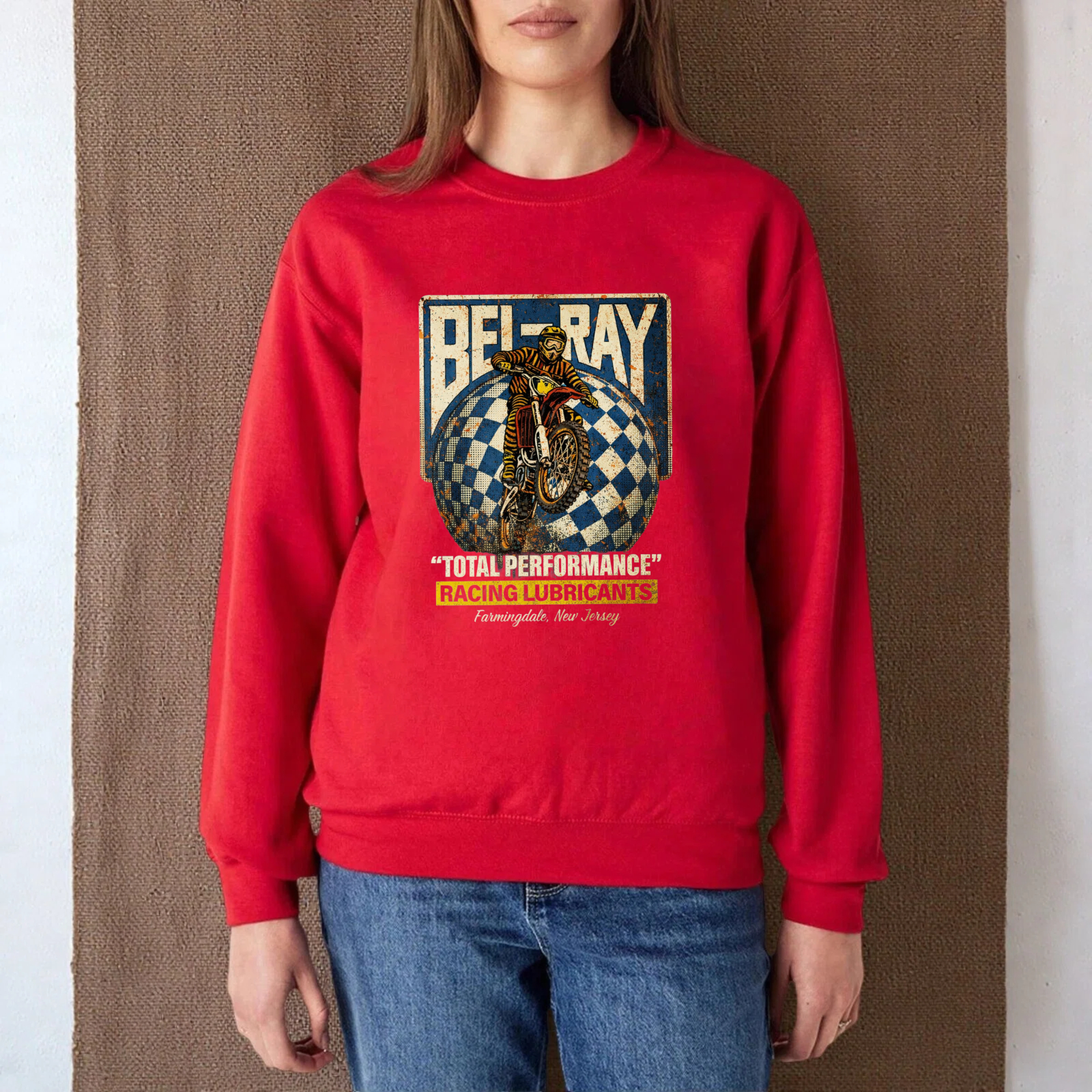 TEECURENT Bel Bay Total Performance Racing Lubricants Motorcycle Sweatshirt Classic Retro Design Black Crewneck Pullover