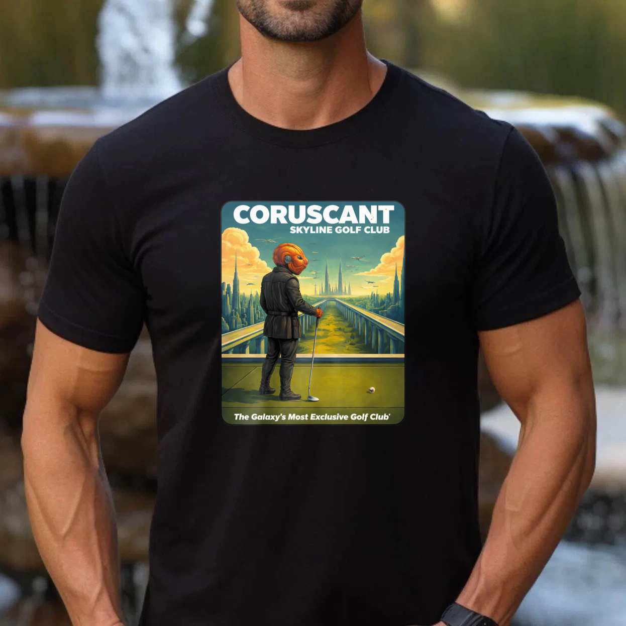 TEECURENT Coruscant Skyline Golf Club Star Wars Inspired T-Shirt Galaxy Exclusive Golf Course Design Black Men's Shirt