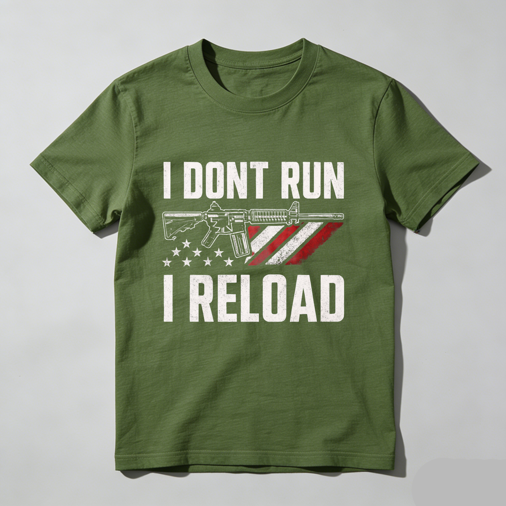 I Dont Run I Reload T Shirt With American Flag And Rifle Graphic Made In Usa