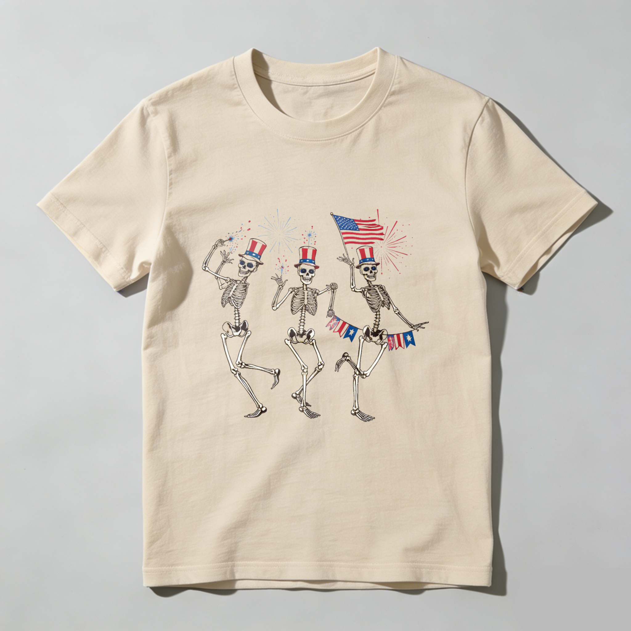 TEECURENT Skeletons Dancing With American Flag And Fireworks Independence Day Patriotic T Shirt WOMEN