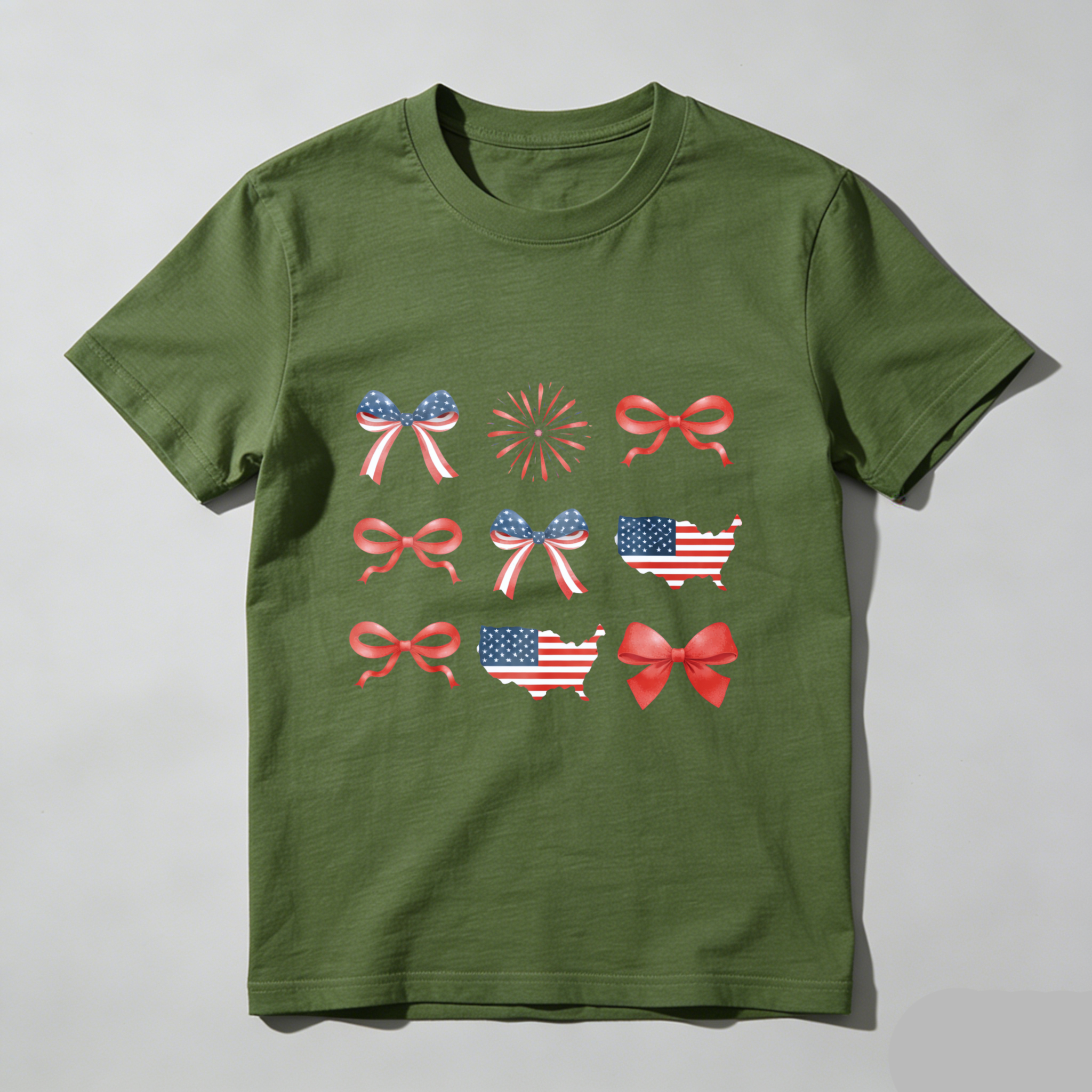 TEECURENT Patriotic Usa Flag Bow Fireworks Map T Shirt Independence Day Celebration Apparel WOMEN