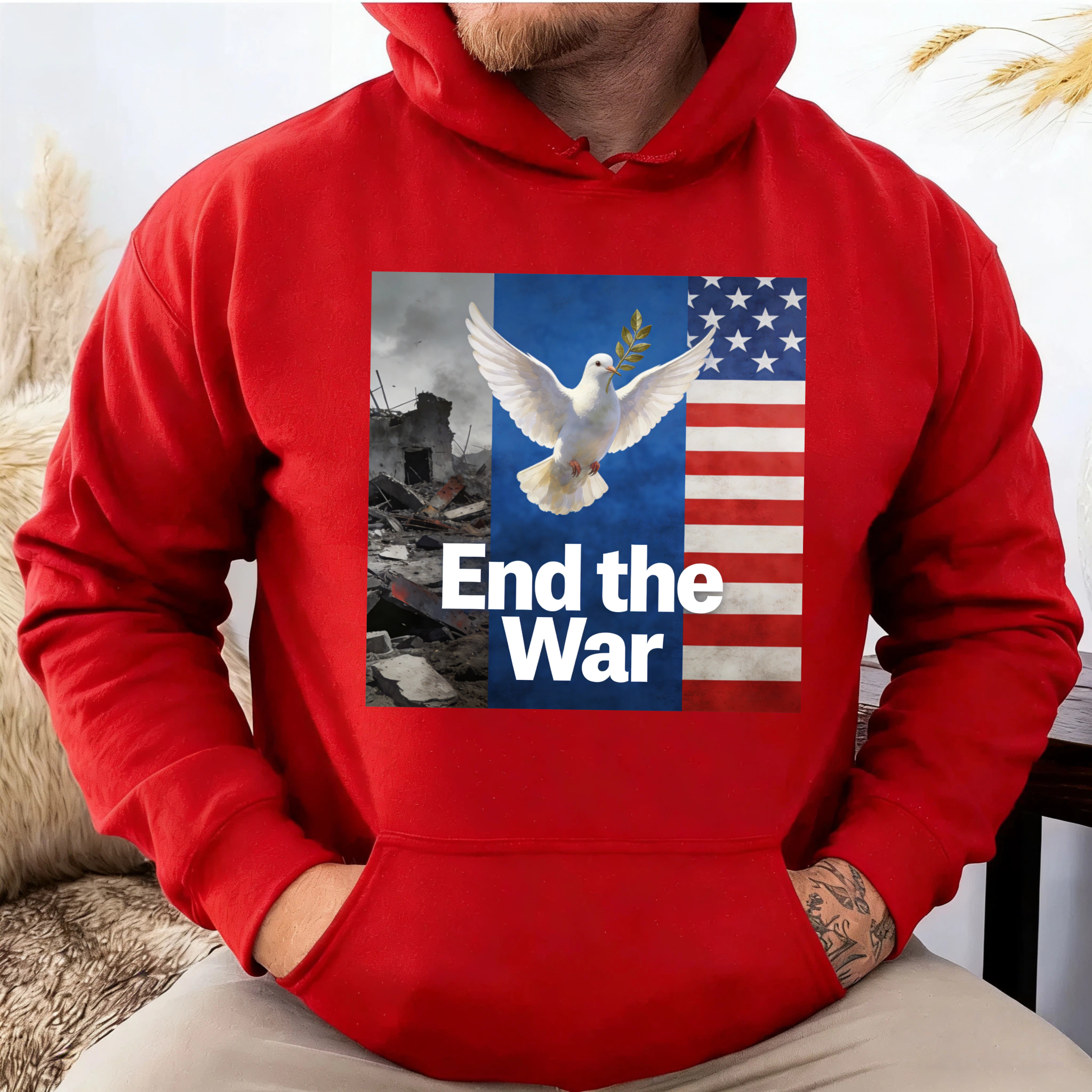 TEECURENT End The War Peace Dove American Flag Hoodie Anti War Message Sweatshirt For Men And Women