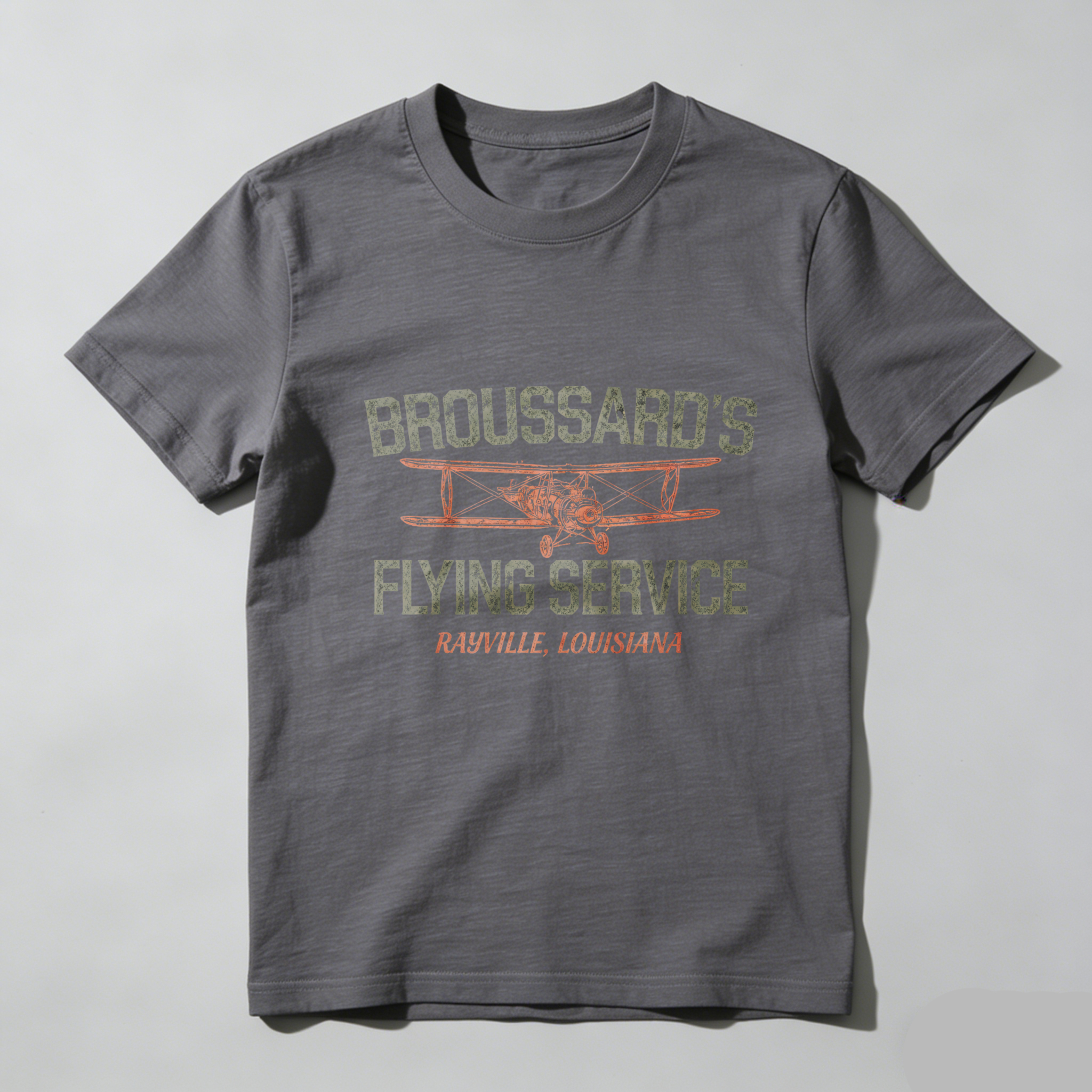 Broussards Flying Service T-Shirt Rastville Louisiana Vintage Airplane Design Men's Black Cotton Shirt