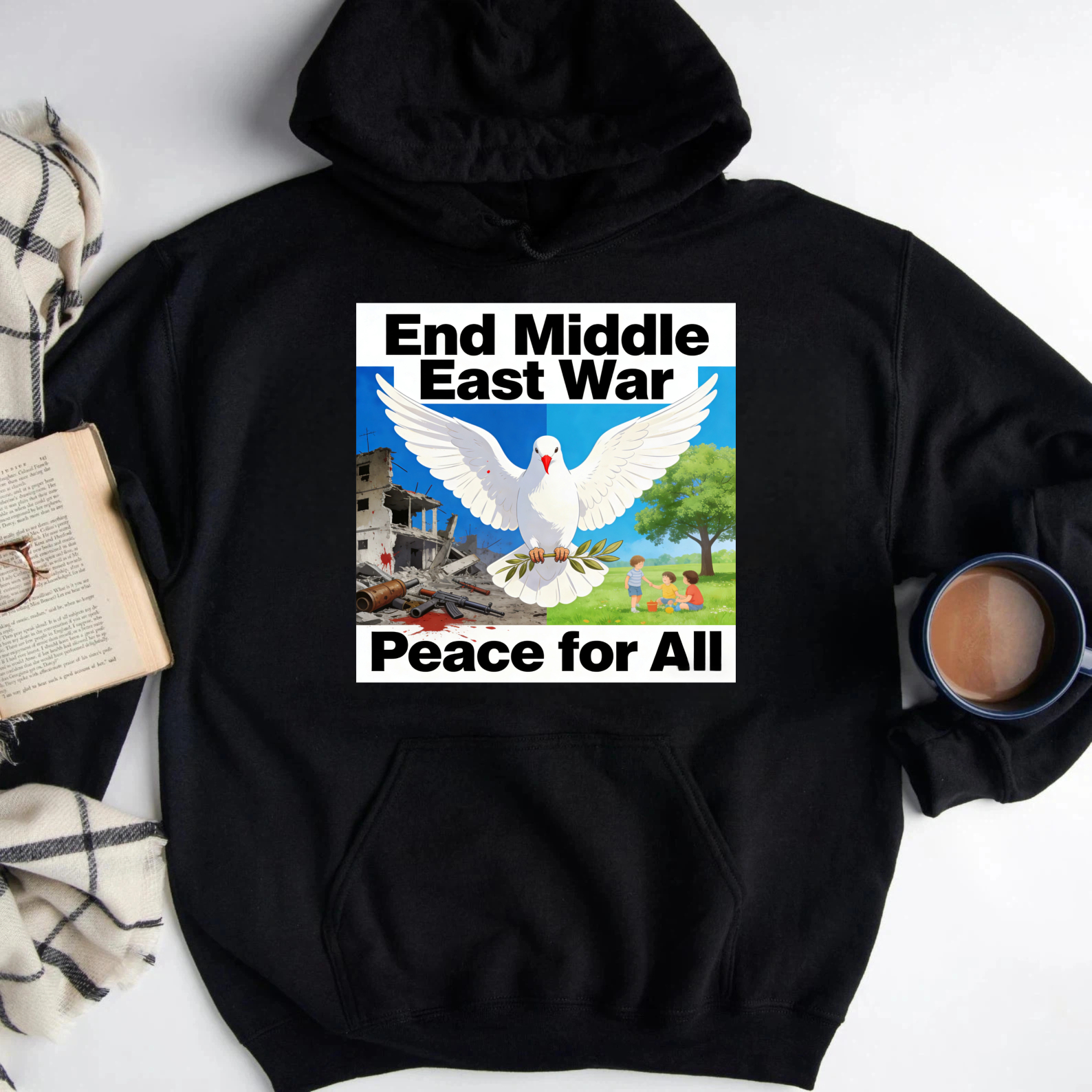 TEECURENT End Middle East War Peace For All Hoodie With Dove And Olive Branch Graphic Design For Peace Advocacy And Awareness