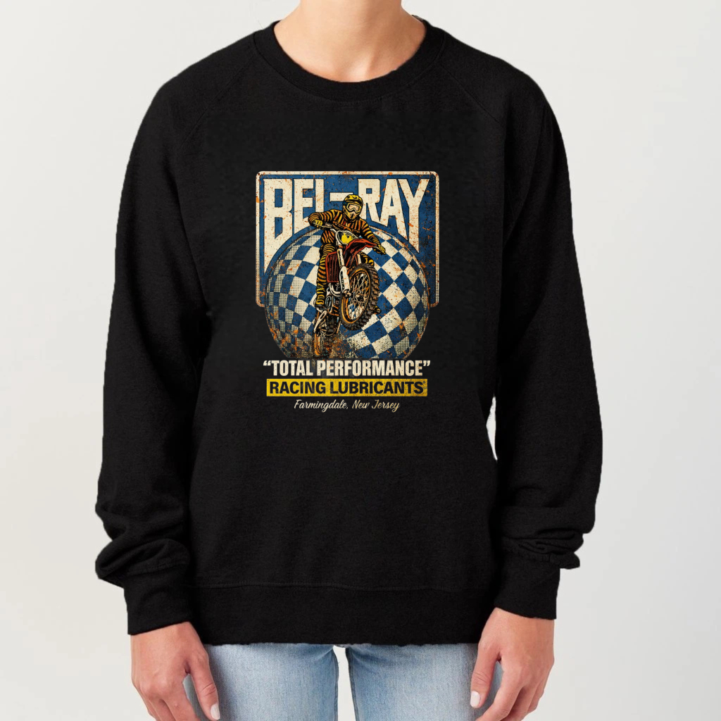 TEECURENT Bel Bay Total Performance Racing Lubricants Motorcycle Sweatshirt Classic Retro Design Black Crewneck Pullover
