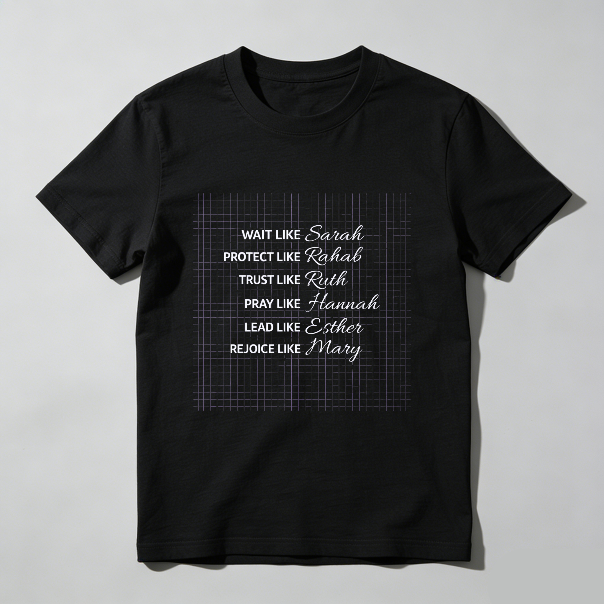 TEECURENT Wait Like Sarah Protect Like Rahab Trust Like Ruth Pray Like Hannah Lead Like Esther Rejoice Like Mary Christian Women T Shirt Faith Inspired Design For Women And Girls WOMEN