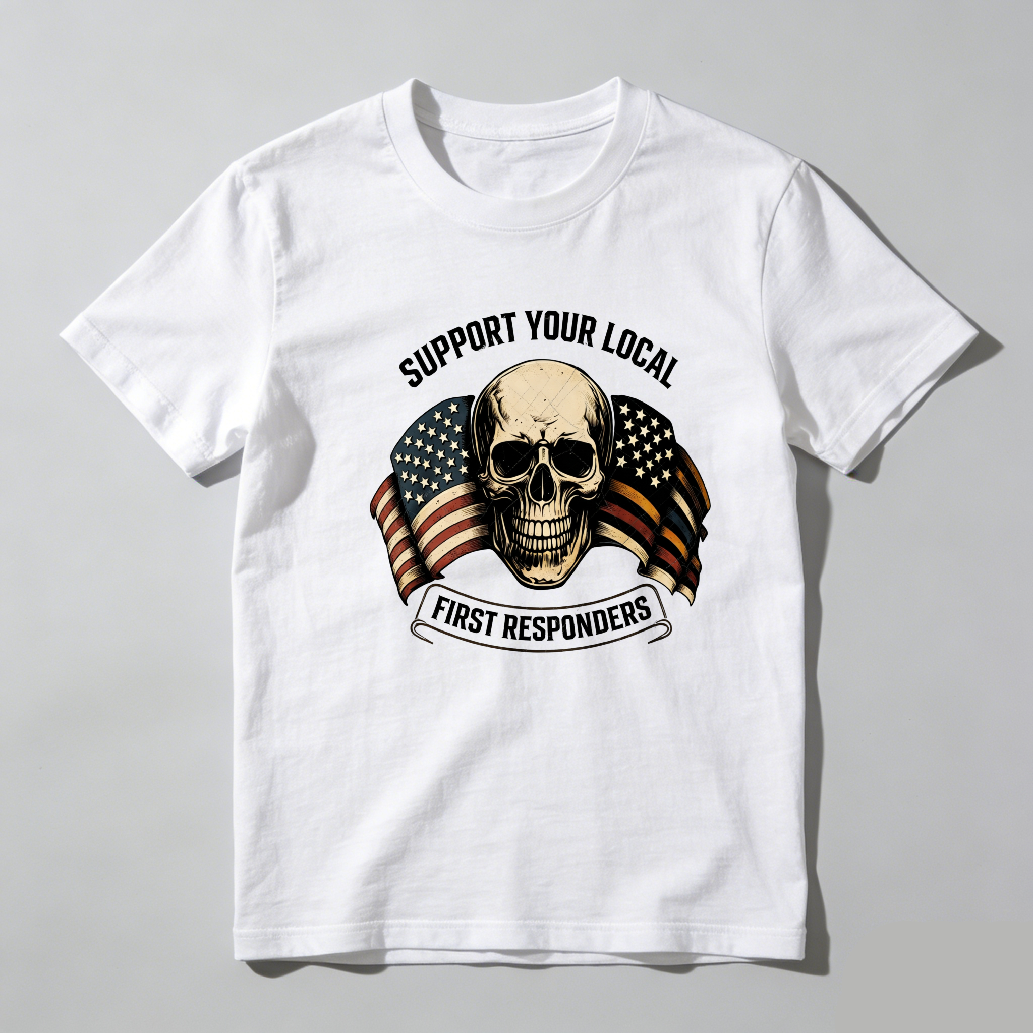 TEECURENT Support Local First Responders Skull Flag Pure Cotton Short Sleeve T Shirt-TeeCurent