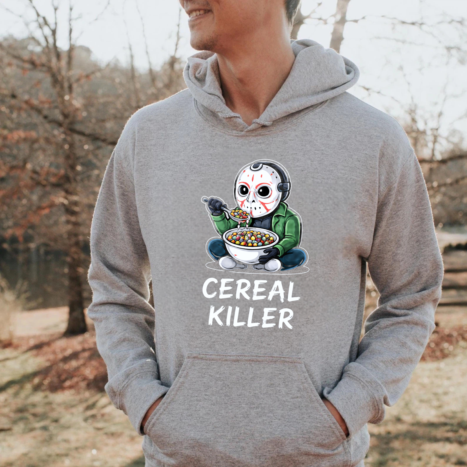TEECURENT Gildan Cereal Killer Halloween Hoodie With Jason Voorhees Eating Cereal Design Funny Horror Sweatshirt For Men Women Unisex Black Pullover