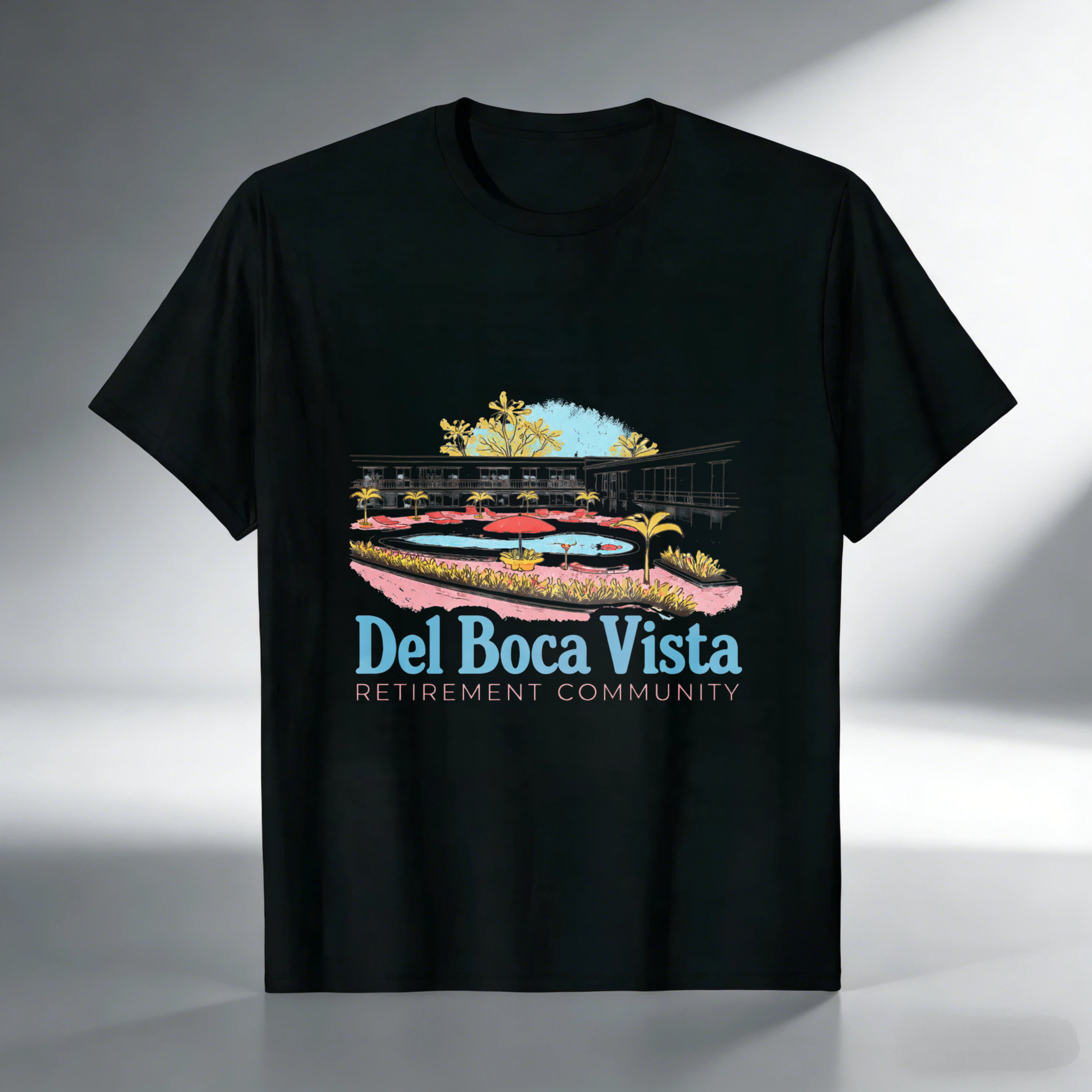 TEECURENT Del Boca Vista Retirement Community T-Shirt With Resort Design And Palm Trees Graphic