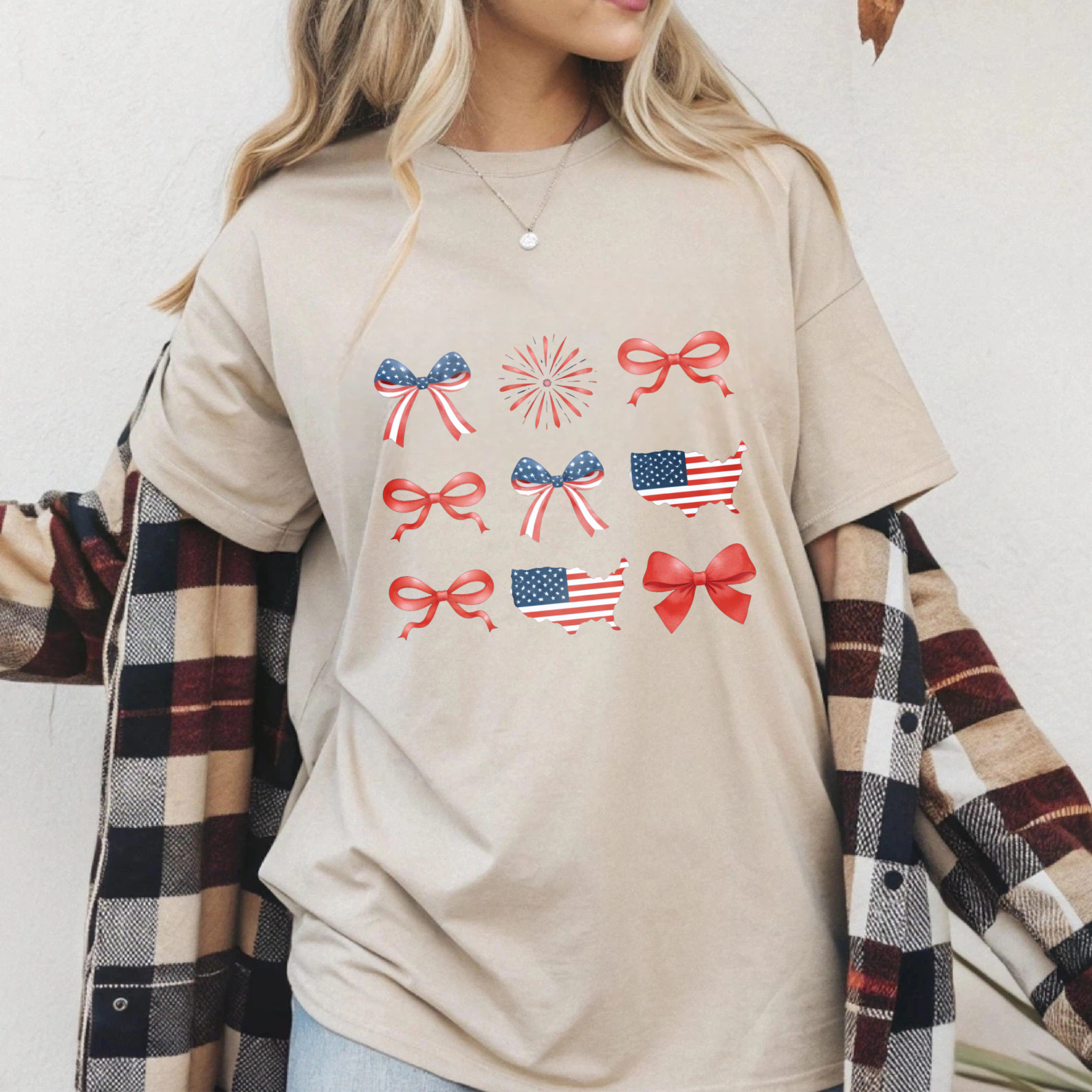 TEECURENT Patriotic Usa Flag Bow Fireworks Map T Shirt Independence Day Celebration Apparel WOMEN