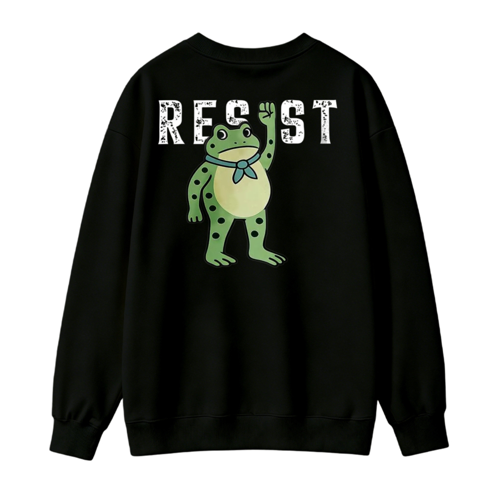 Cute Green Frog With Blue Scarf Raising Hand Resist Graphic Sweatshirt