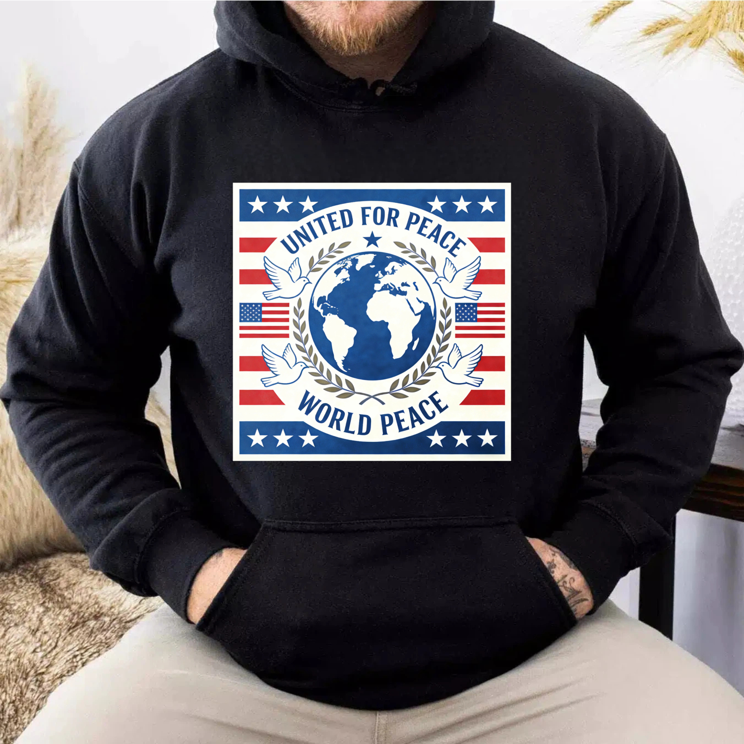 TEECURENT United For Peace World Peace Hoodie American Flag Design Global Unity Sweatshirt Patriotic Clothing For Men Women Unisex Apparel