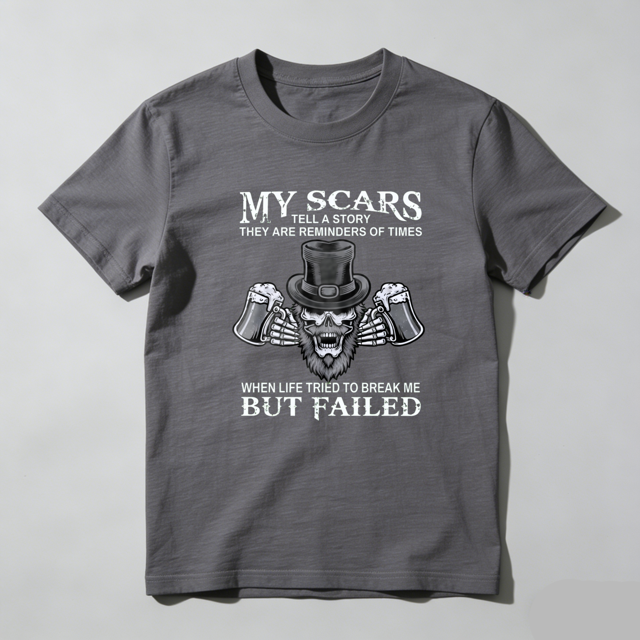 TEECURENT My Scars Tell A Story They Are Reminders Of Times When Life Tried To Break Me But Failed T Shirt With Skull And Beer Design