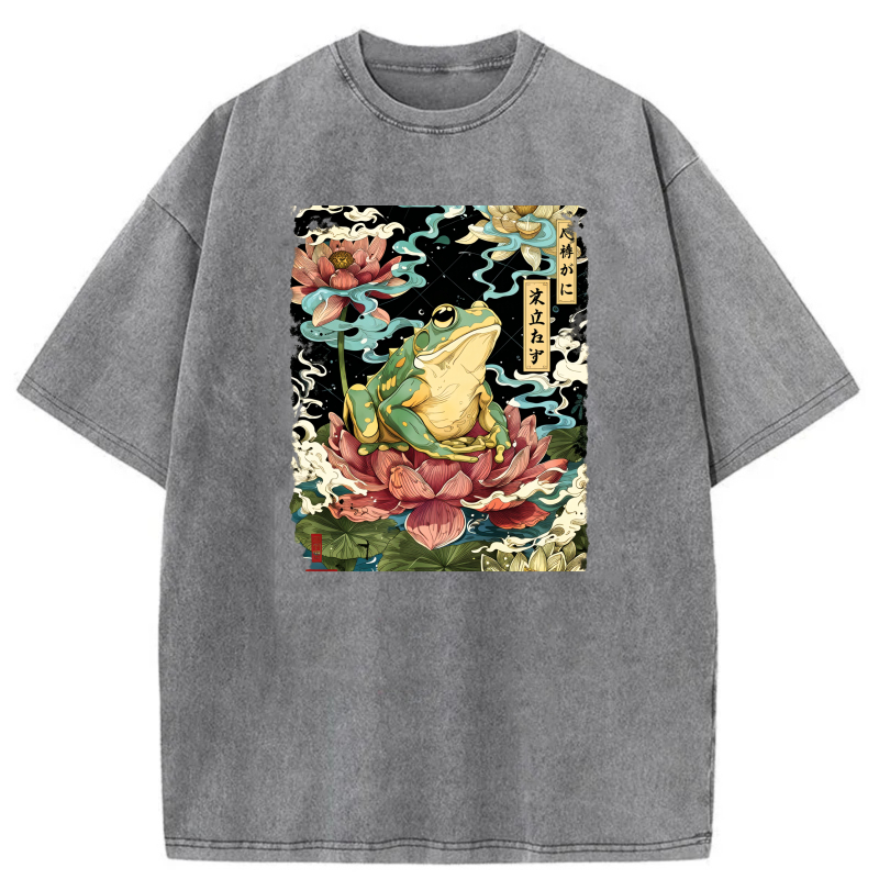 Frog On Lotus Flower With Japanese Text tshirt 100% cotton