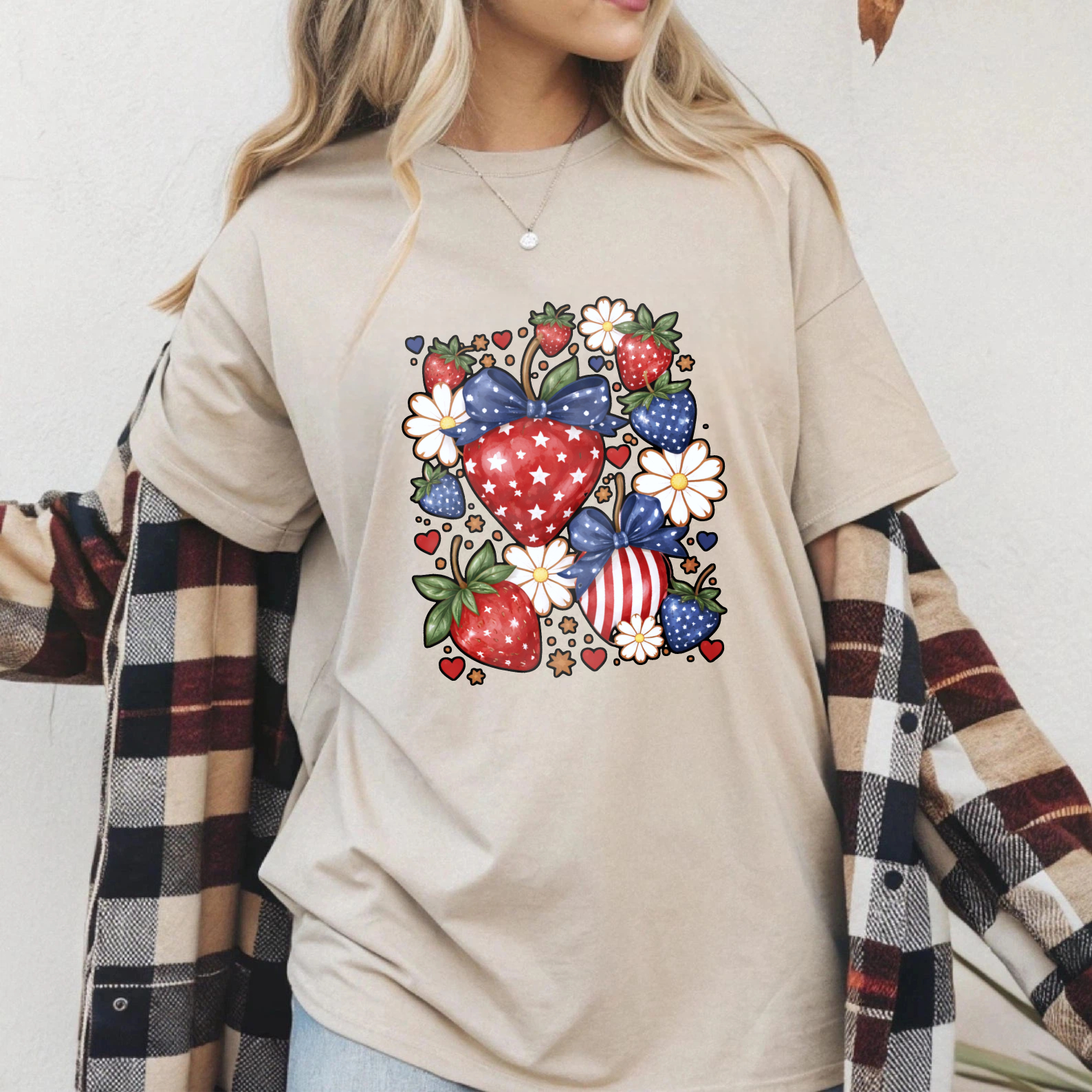 TEECURENT Patriotic Strawberry Heart Design American Flag Theme T Shirt Independence Day Celebration Apparel Red White Blue Stars And Stripes Fruit Pattern Casual Wear For Men Women Unisex Fashion Top WOMEN