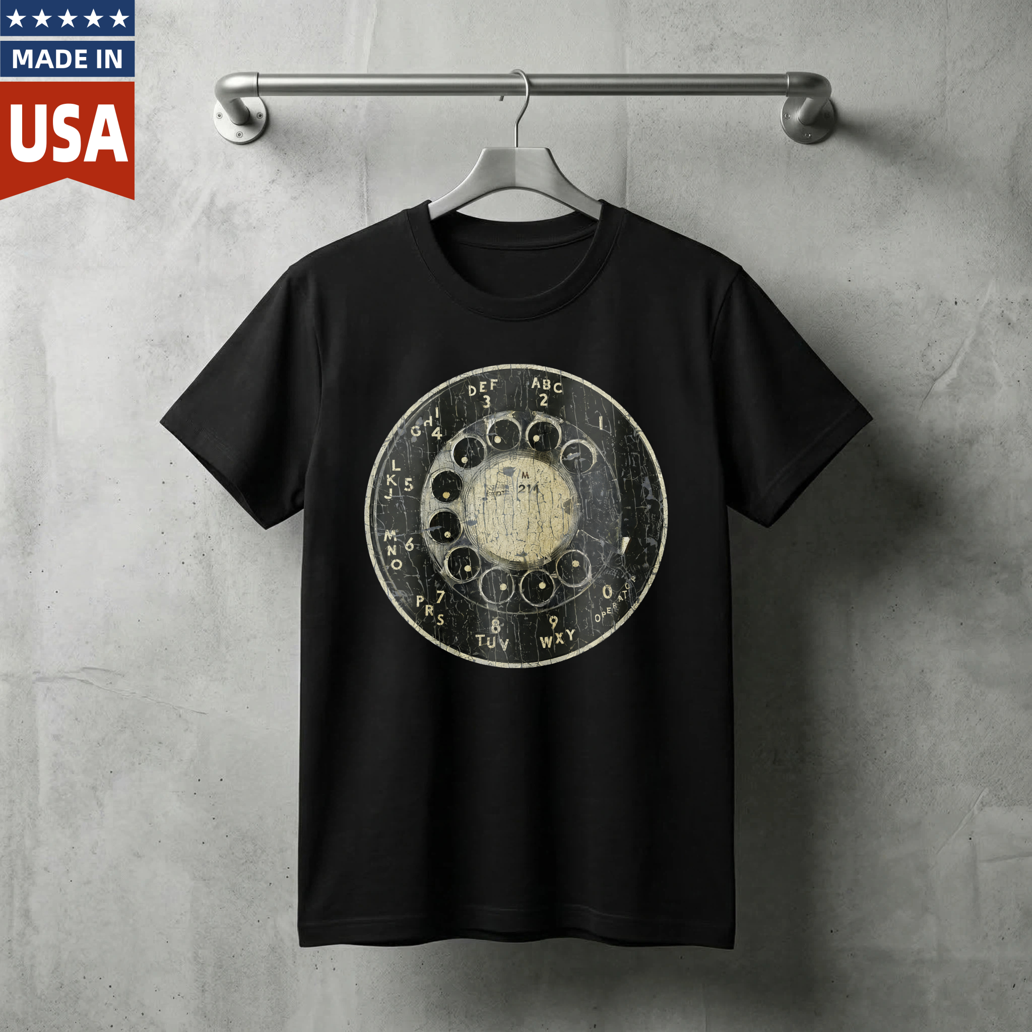 Vintage Rotary Dial Phone T-Shirt Made In Usa Retro Telephone Design Black Cotton Shirt Unisex Classic Style Gift For Tech Enthusiasts