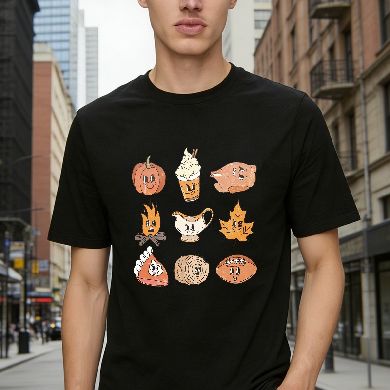 Cute Autumn Fall Season Cartoon Pumpkin Spice Latte Pie Gravy Boat Maple Leaf Log Roll Football Unisex Classic T-shirt