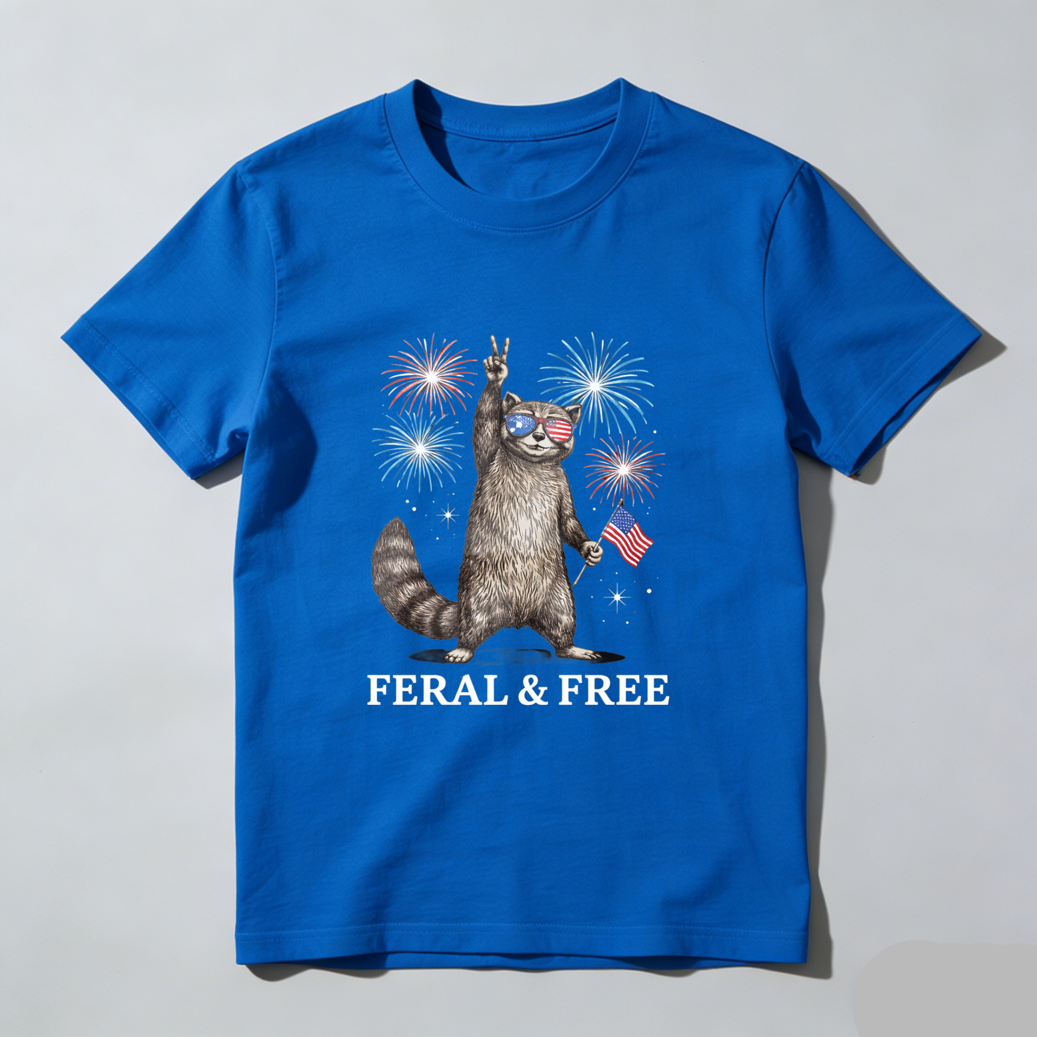 TEECURENT Feral And Free Cat With American Flag And Fireworks T Shirt WOMEN