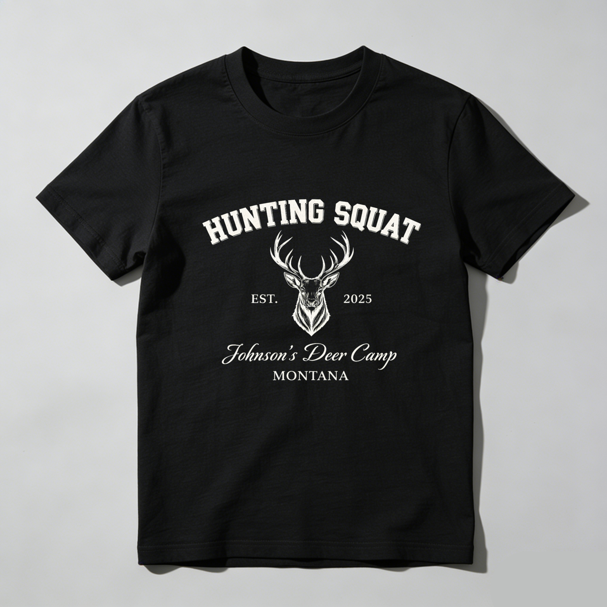 TEECURENT Hunting Squat Johnsons Deer Camp Montana Est 2025 T Shirt Black-TeeCurent