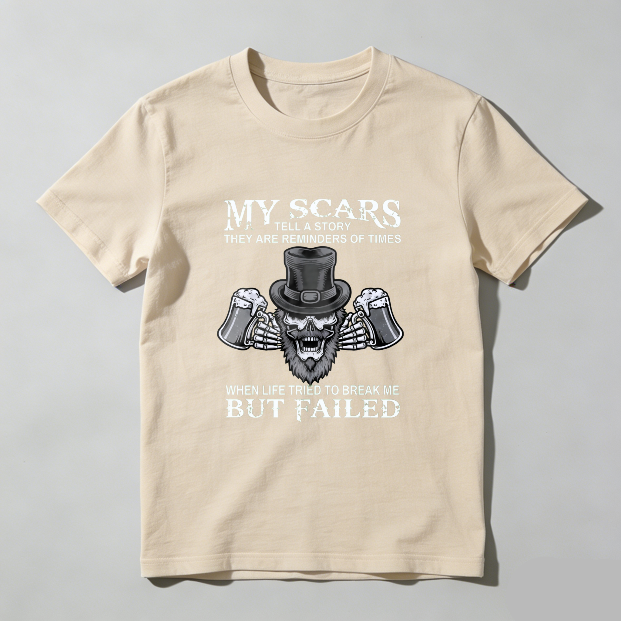 TEECURENT My Scars Tell A Story They Are Reminders Of Times When Life Tried To Break Me But Failed T Shirt With Skull And Beer Design