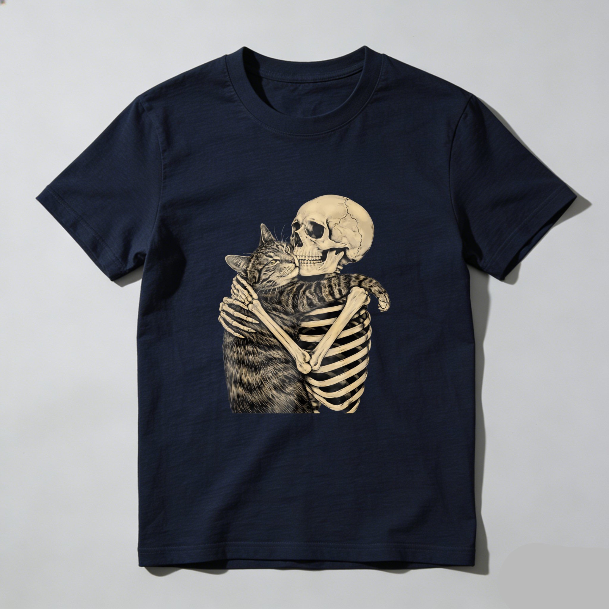 TEECURENT Skeleton Hugging Cat Graphic T Shirt Black Unisex Design Artistic Print Casual Wear