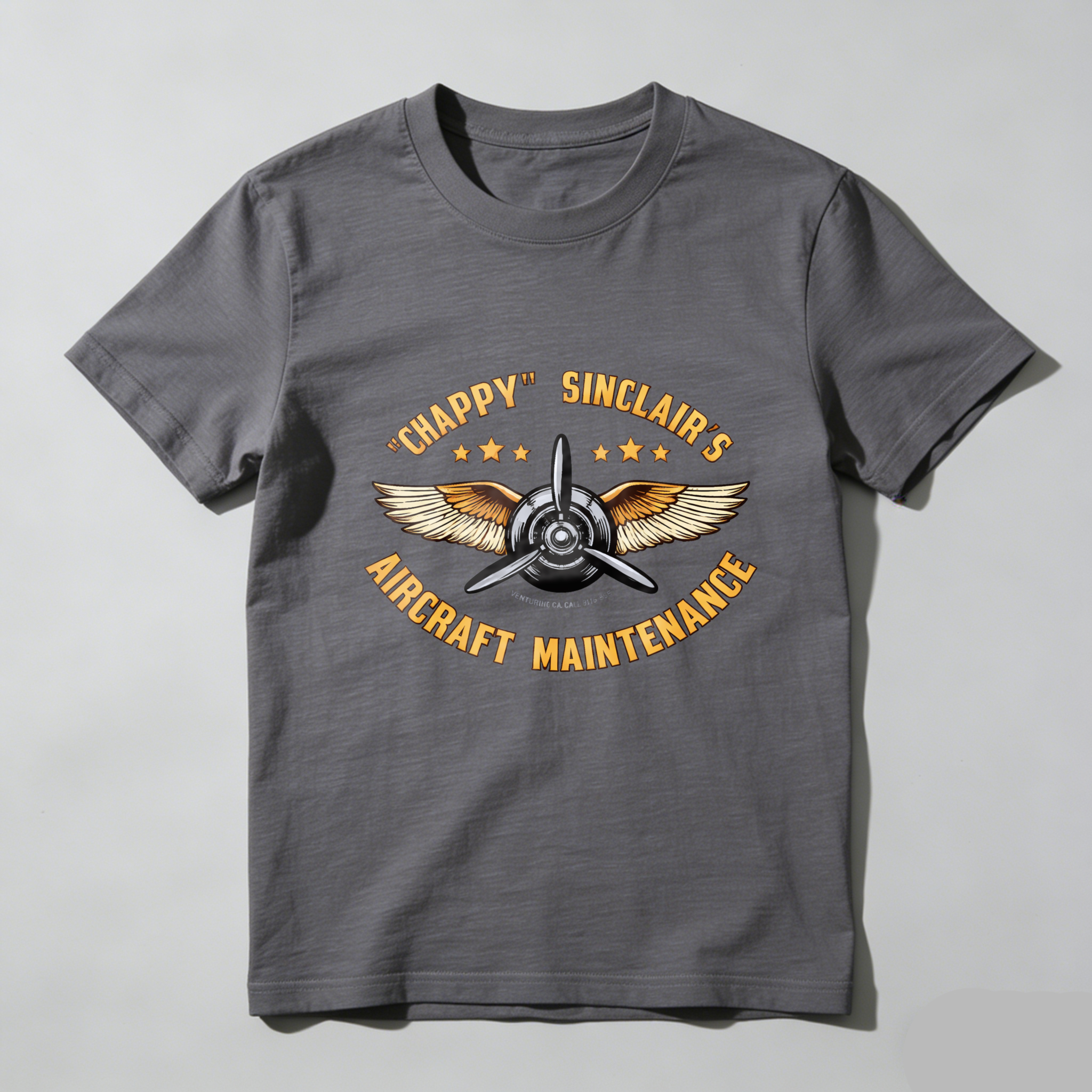 Chappy Sinclairs Aircraft Maintenance T Shirt Aviation Inspired Design With Wings And Propeller Graphic For Flight Enthusiasts