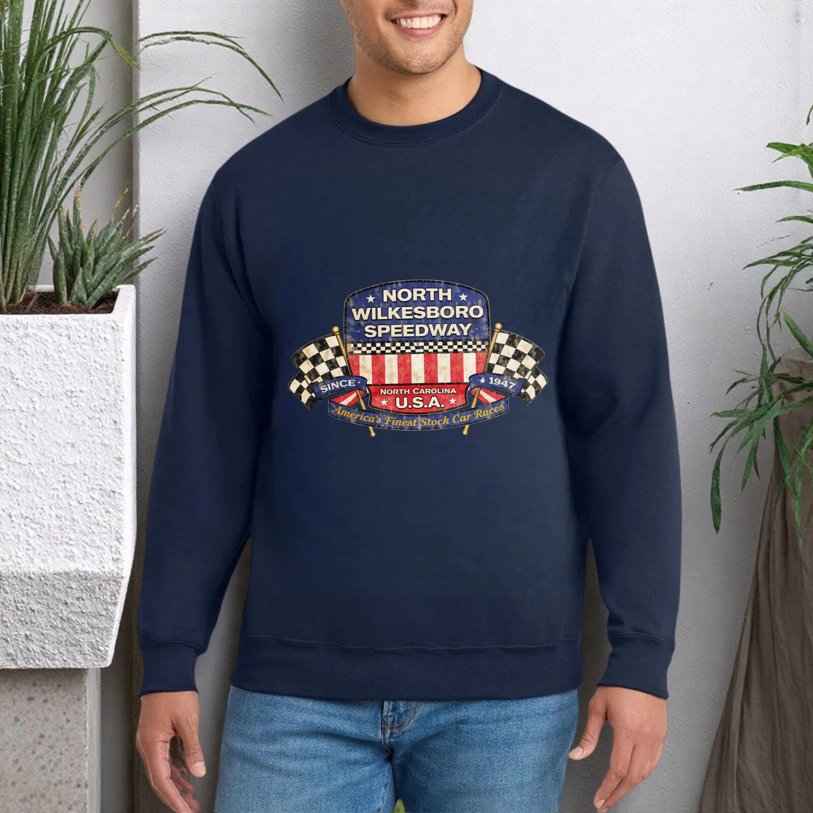 TEECURENT North Wilkesboro Speedway Usa Racing Sweatshirt Black Crewneck Long Sleeve Pullover Shirt