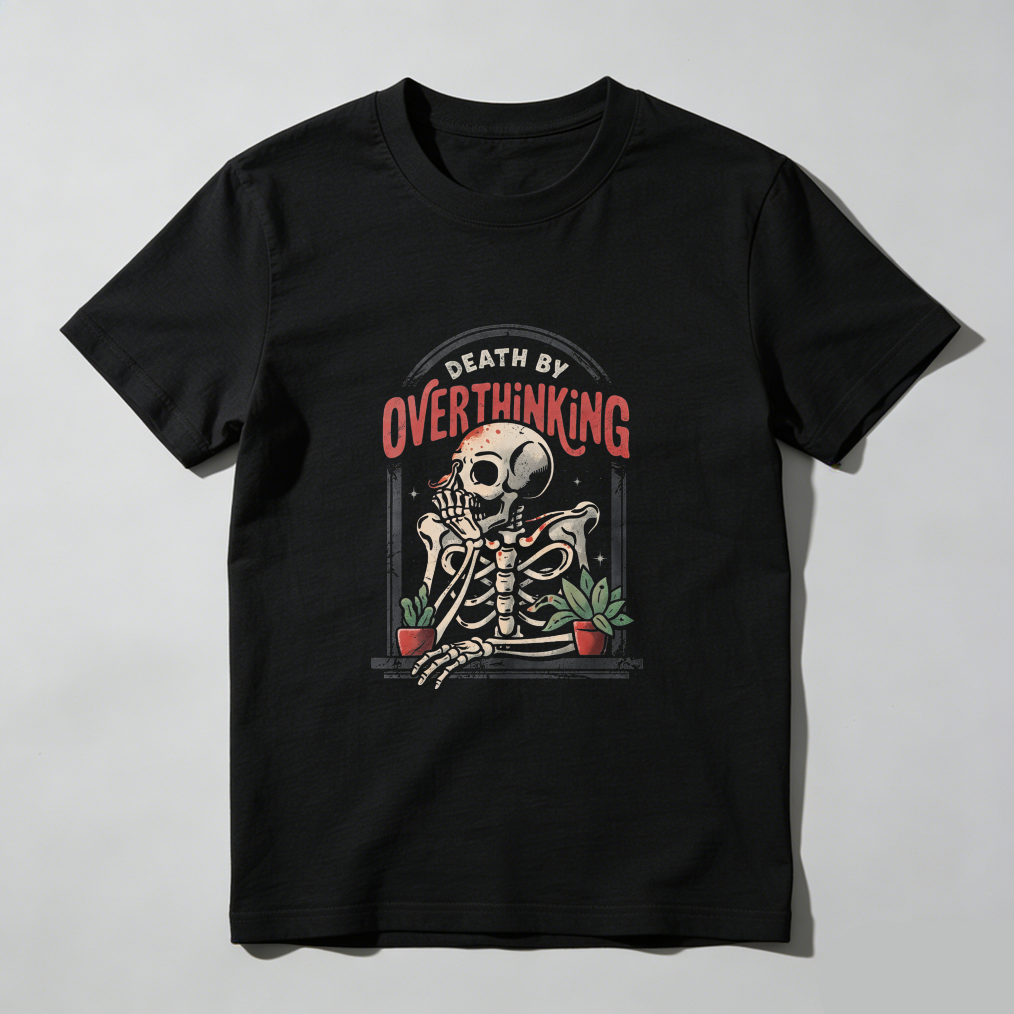 TEECURENT Death By Overthinking Skeleton T Shirt Funny Humor Anxiety Stress Relief Graphic Tee Men Women Unisex Casual Wear WOMEN