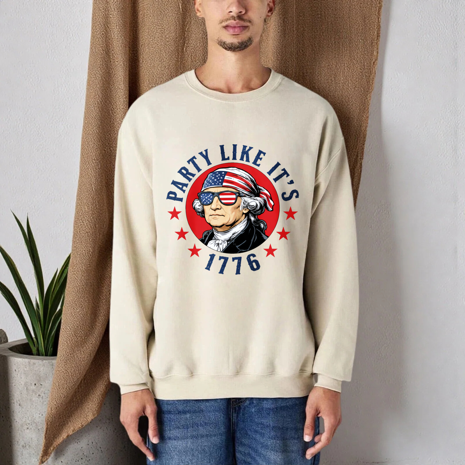 Patriotic George Washington Sweatshirt Party Like Its 1776 American Flag Design Unisex Crewneck Pullover Black