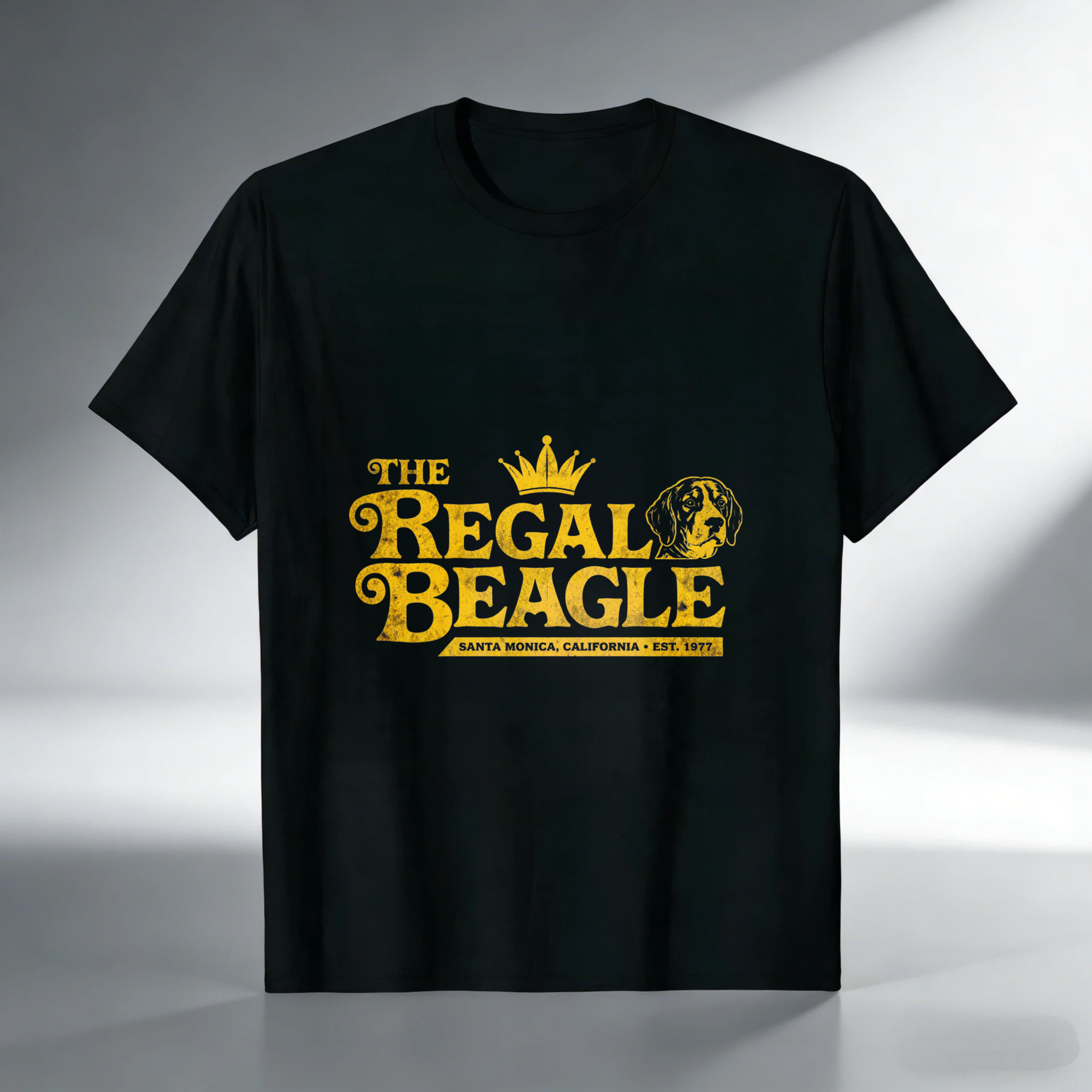 TEECURENT The Regal Beagle T-Shirt Santa Monica California Established 1977 Dog Lover Gift Golden Crown Design Black Men Women Unisex Apparel