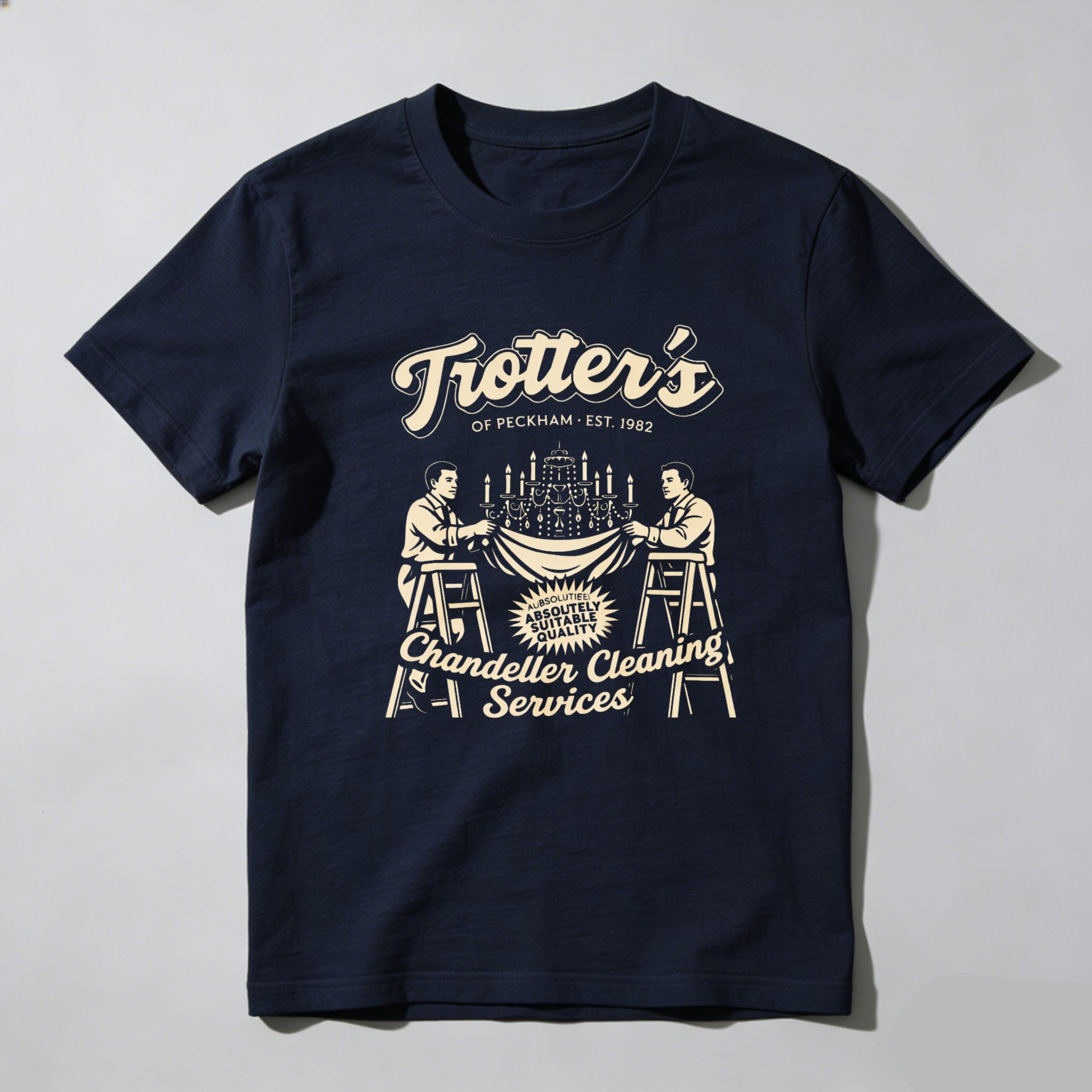 TEECURENTTrotters Of Peckham Chandelier Cleaning Services T Shirt Men Women Black Casual Graphic Tee Est 1982-TeeCurent