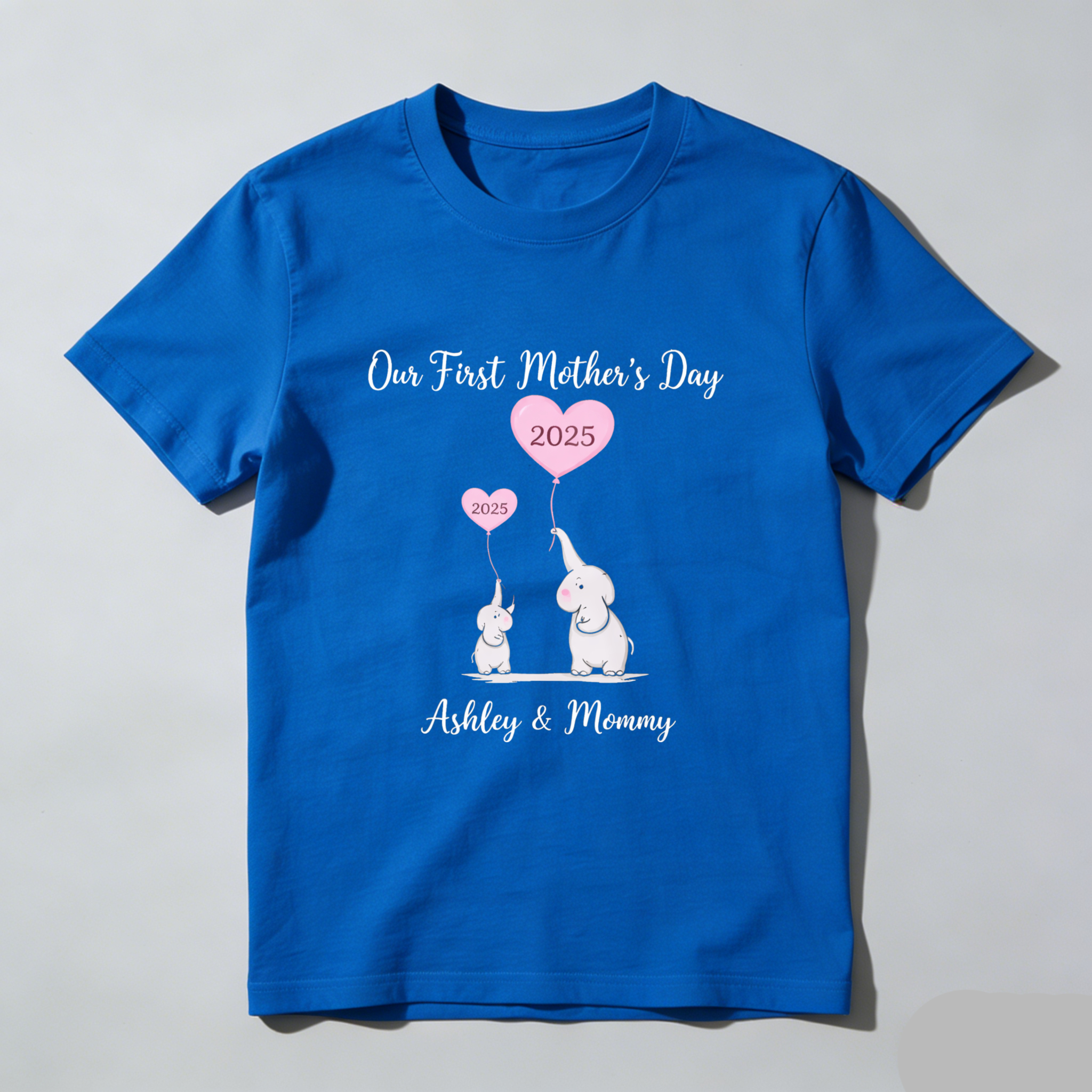TEECURENT Our First Mothers Day 2025 Elephant Mom And Baby Shirt Ashley And Mommy Custom Motherhood Gift T-Shirt WOMEN