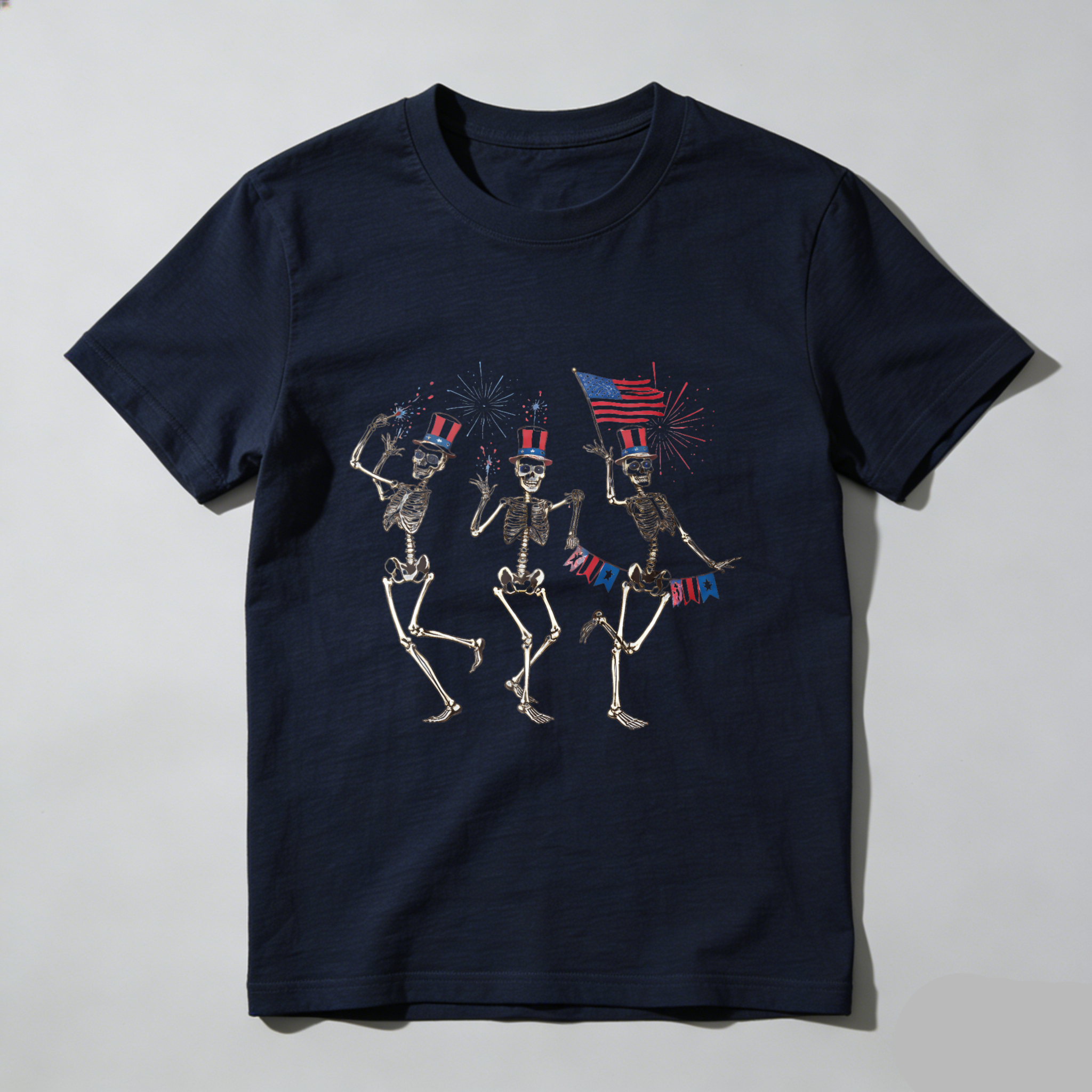 TEECURENT Skeletons Dancing With American Flag And Fireworks Independence Day Patriotic T Shirt WOMEN