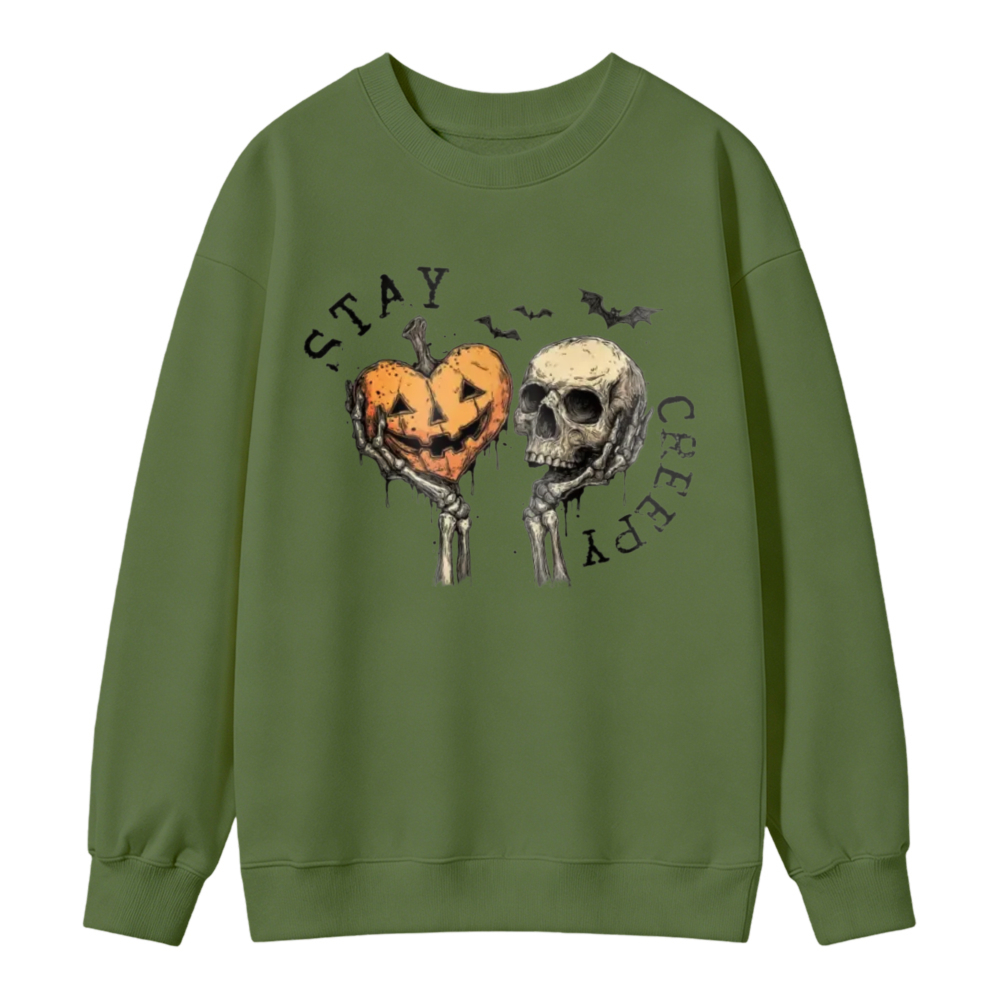 Halloween Pumpkin Skull Skeleton Hand Heart Stay Creepy Graphic Sweatshirt